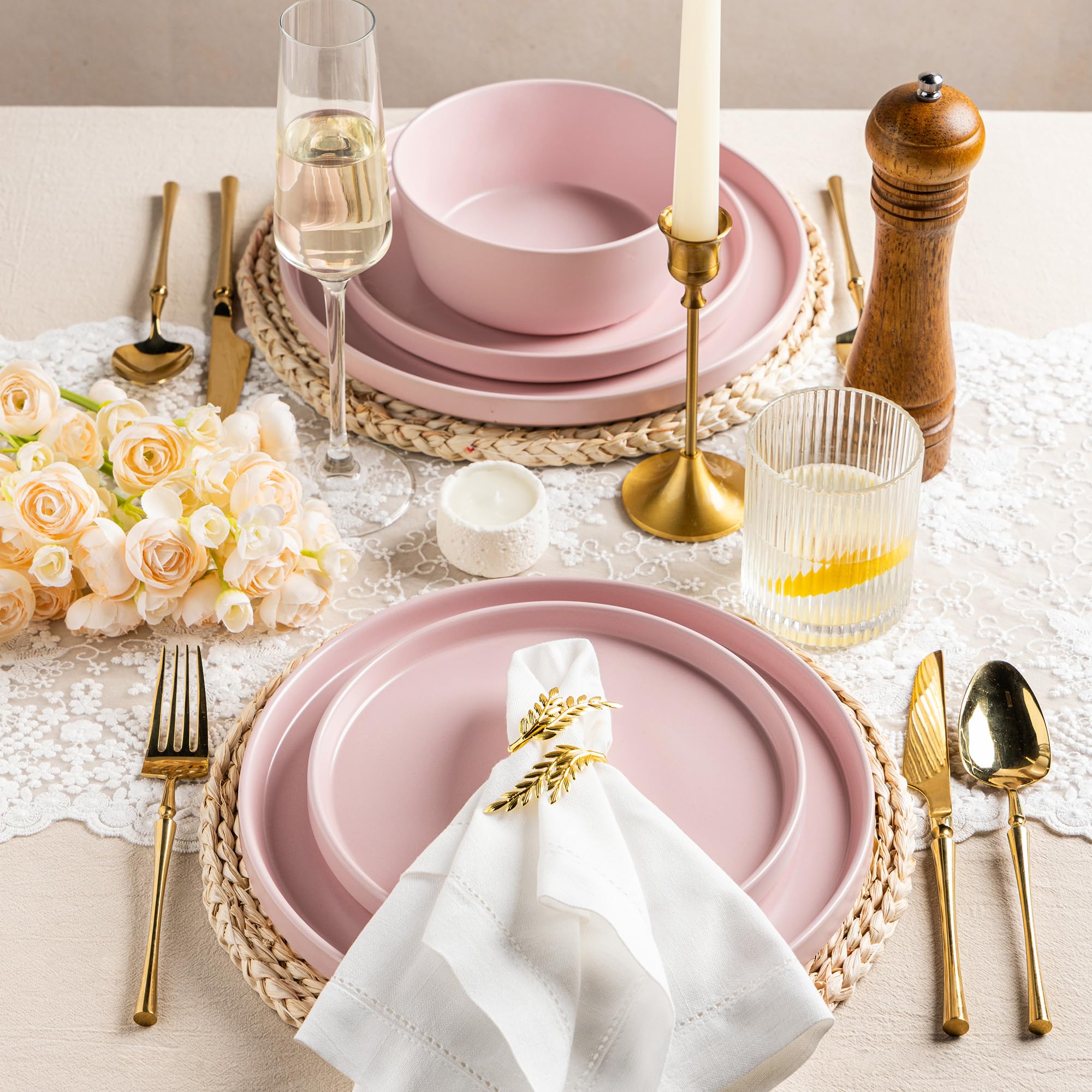 AmorArc Juego de platos llanos de cerámica de 6,10.0 pulgadas de gres mate para cocina, juego de vajilla plana moderna, apto para microondas y lavavajillas, resistente a los arañazos, rosa mate