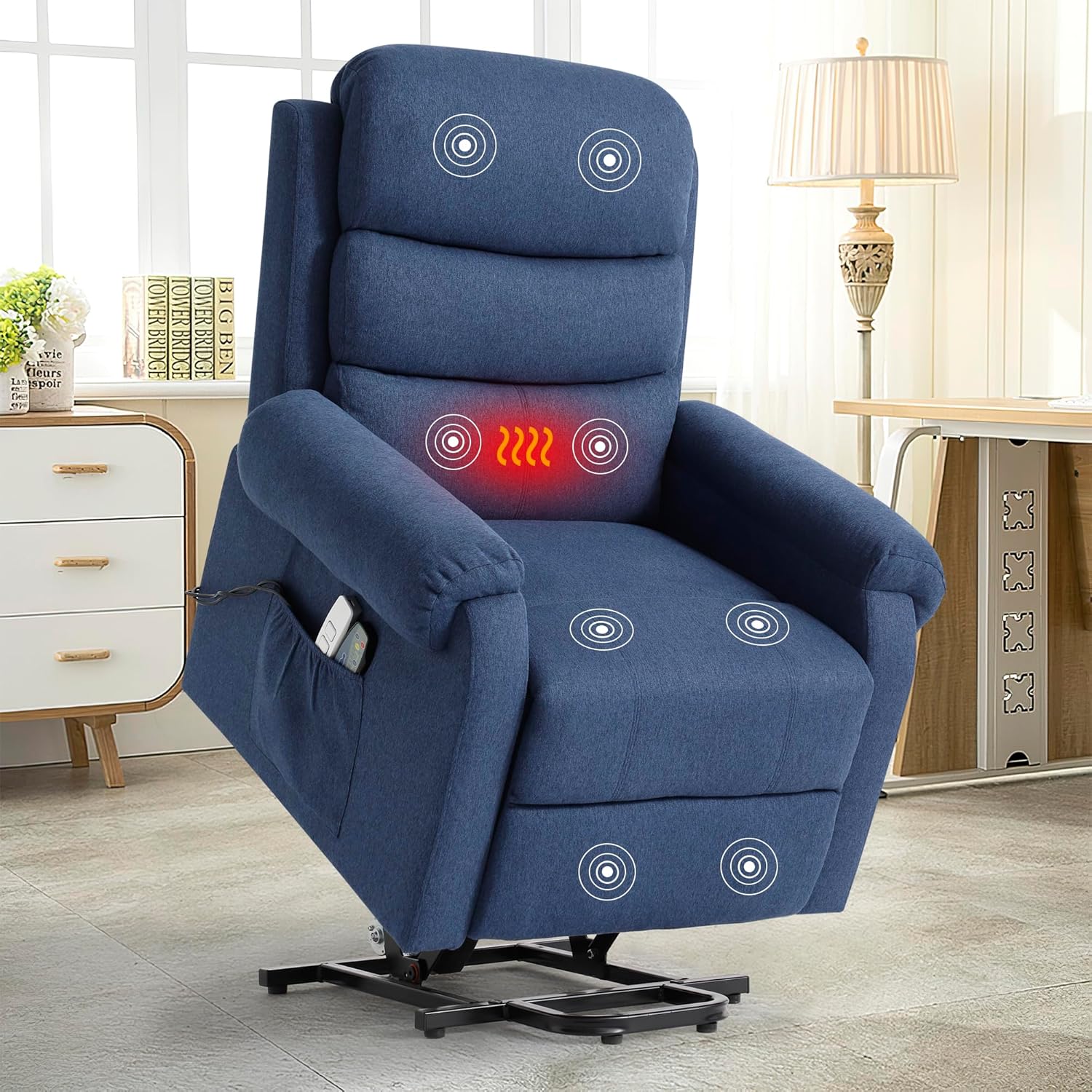 KIGOTY Power Lift Recliner Chair with Massage and Heat for Elderly, Recliner Chairs for Adults, Recliner Massage Chair with Remote Controls,USB Port and Side Pocket (Navy Blue, 29" Wide)