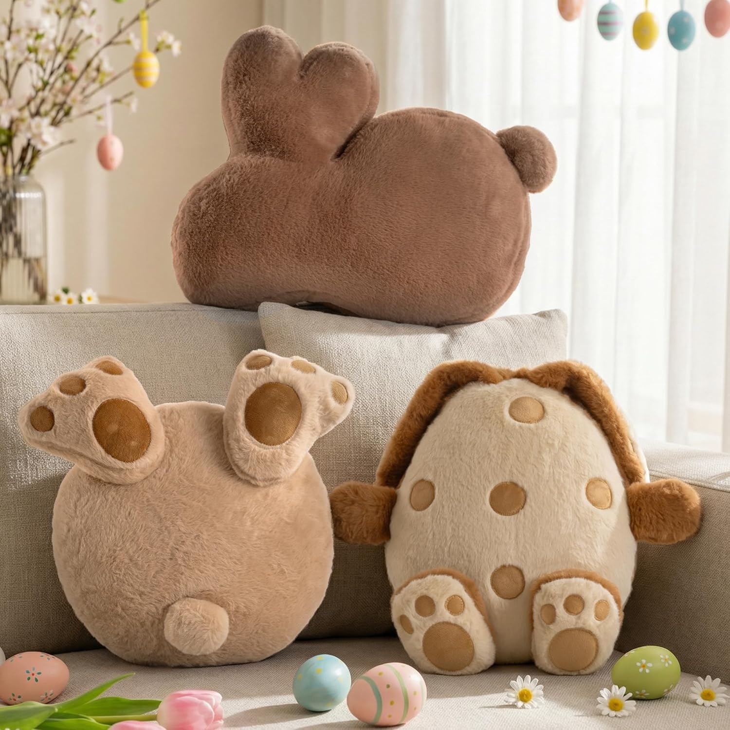 Lanpn Easter Shaped Throw Pillows Set of 3, Light Brown Egg with Feet Dark Brown Bunny Speckled Soft Velvet Egg with Ears and Tail Rabbit Cushions for Sofa Couch Bedroom Spring Decor