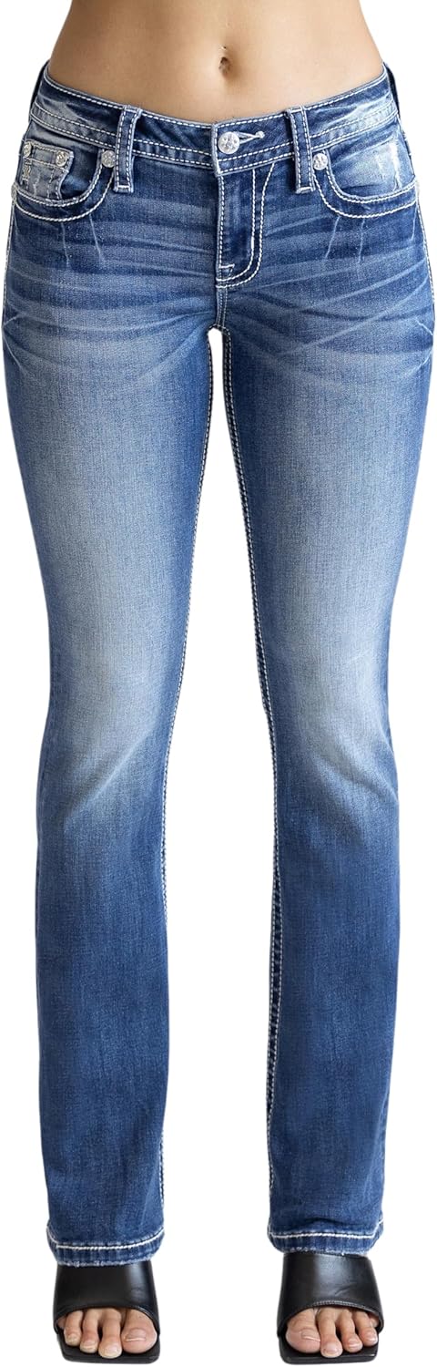 Miss Me Women's Stoned Wings Faux Flap Pocket Mid-Rise Bootcut Jeans