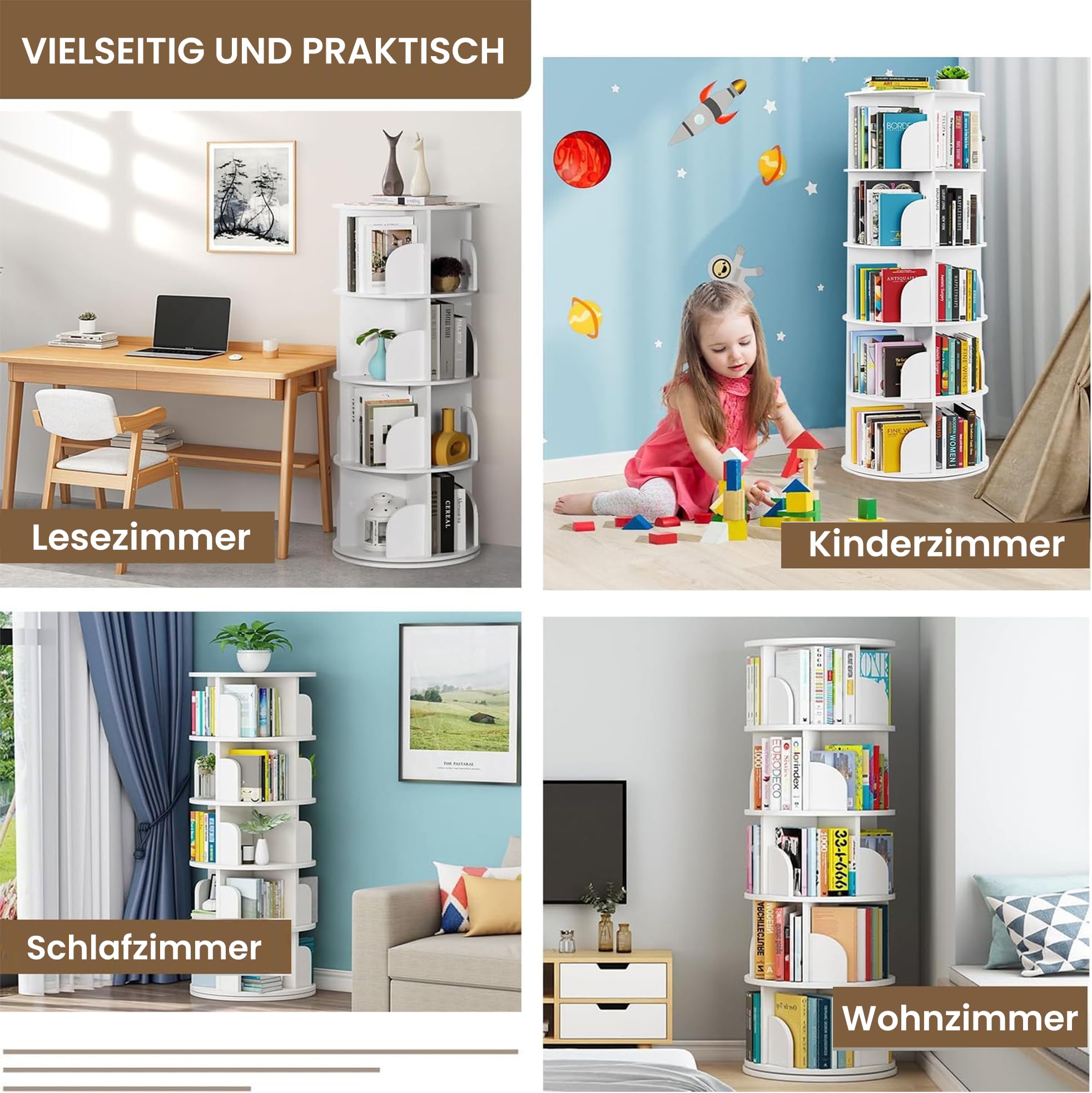 uyoyous Bücherregal, 360 Grad drehbar, Bücherregal aus Holz, 5 Ebenen, Bücherregal Möbel, Aufbewahrung, für Kinder und Erwachsene, Weiß