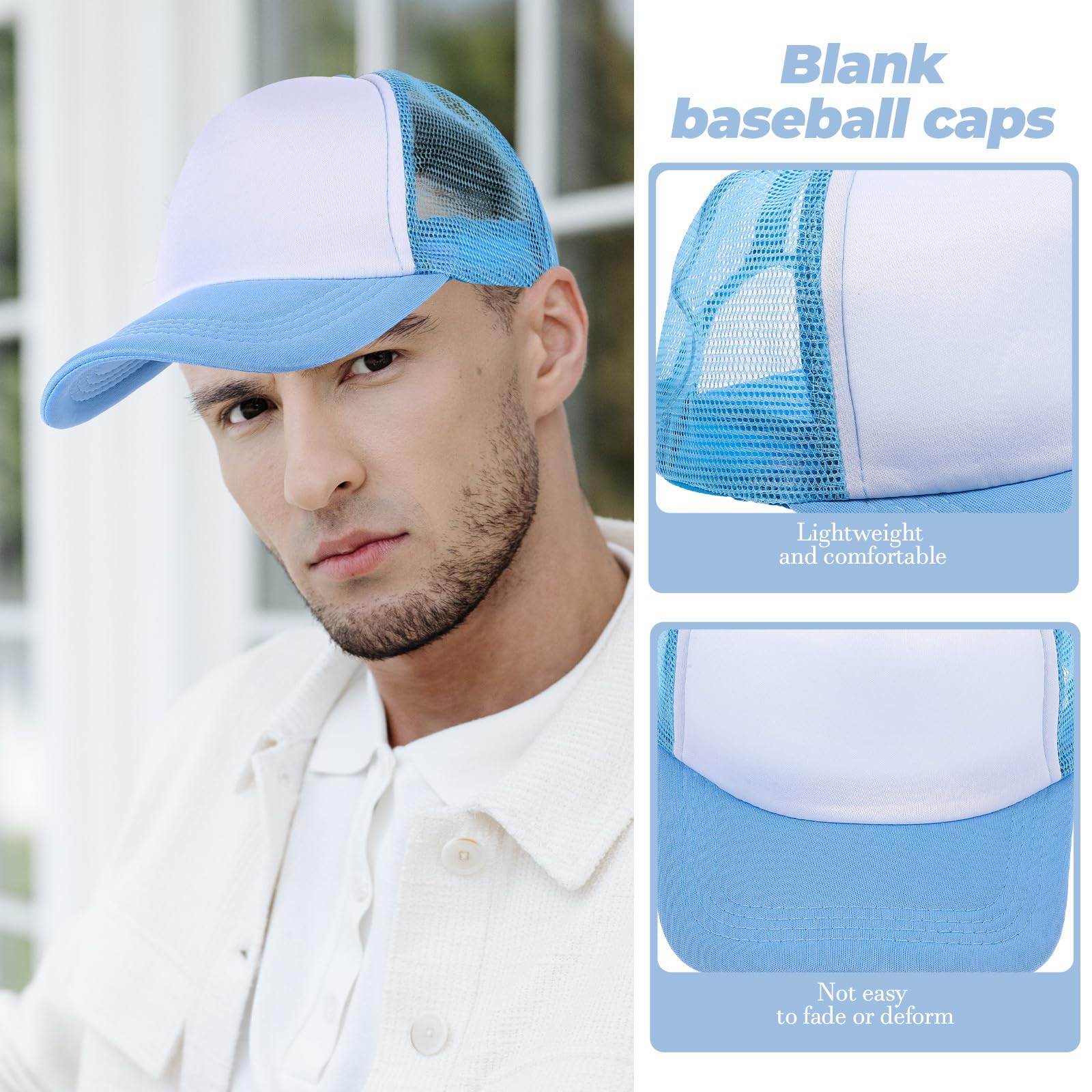 10 Gorras de Béisbol Sublimadas de Malla Lisas para Sublimación Gorra Ligera y Transpirable de Poliéster Color Azul Claro y Ideales para Actividades al Aire Libre y DIY