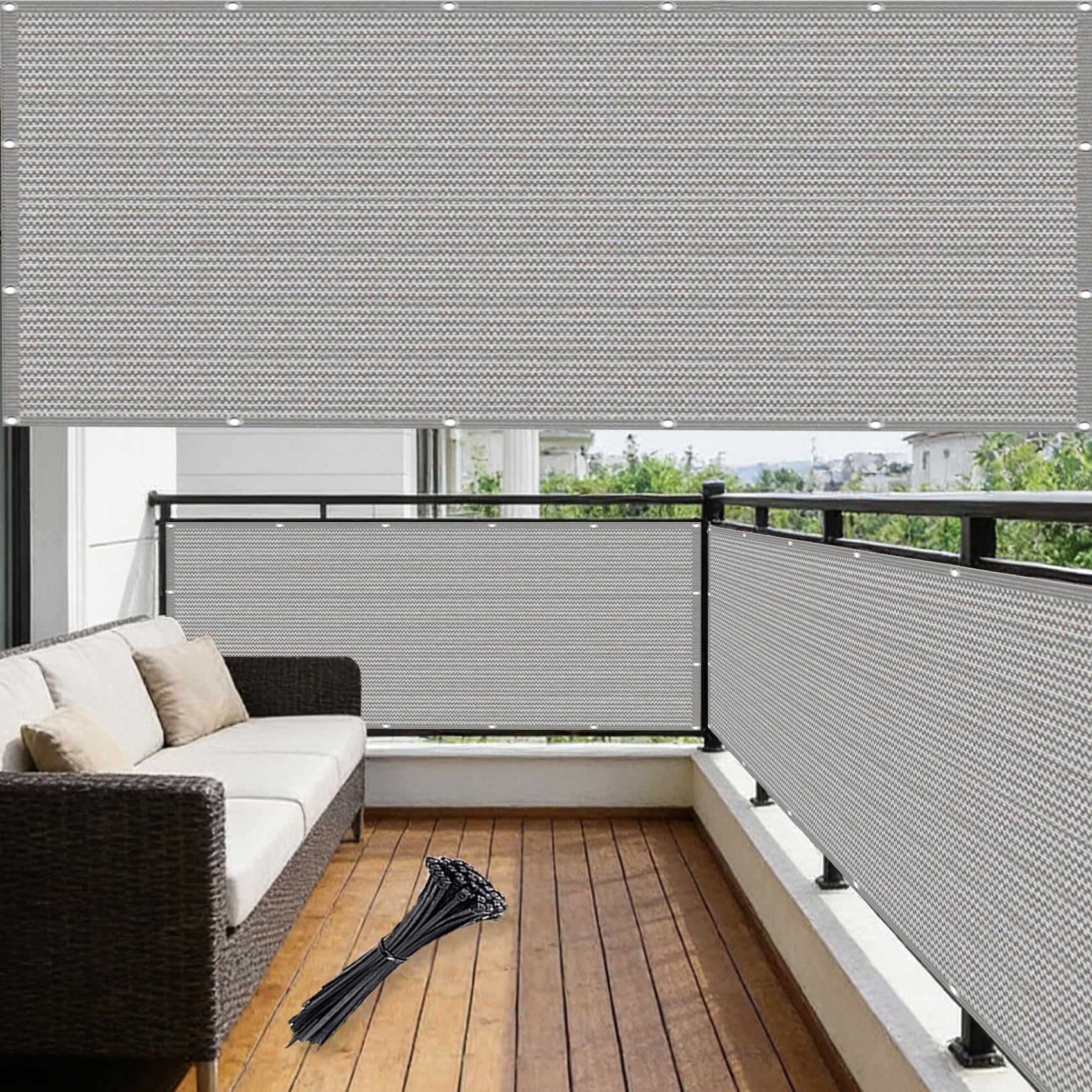 Brise-visuel balcon gris clair 0.45x9m contre le vis-à-vis et les rafales de vent avec cordelette