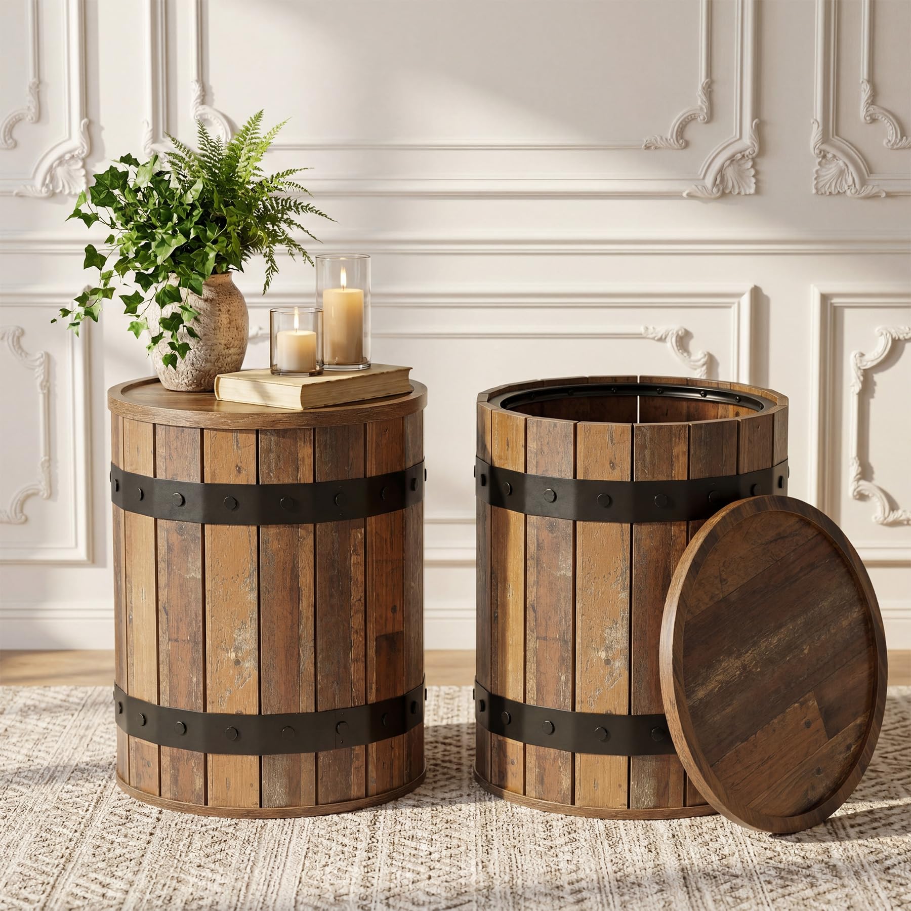 Tribesigns Barrel Side Table with Hidden Storage, 19.68" Farmhouse Round Rustic Wood End Table with Removable Lid, 24" Tall Sofa Side Bedside Nightstand for Living Room