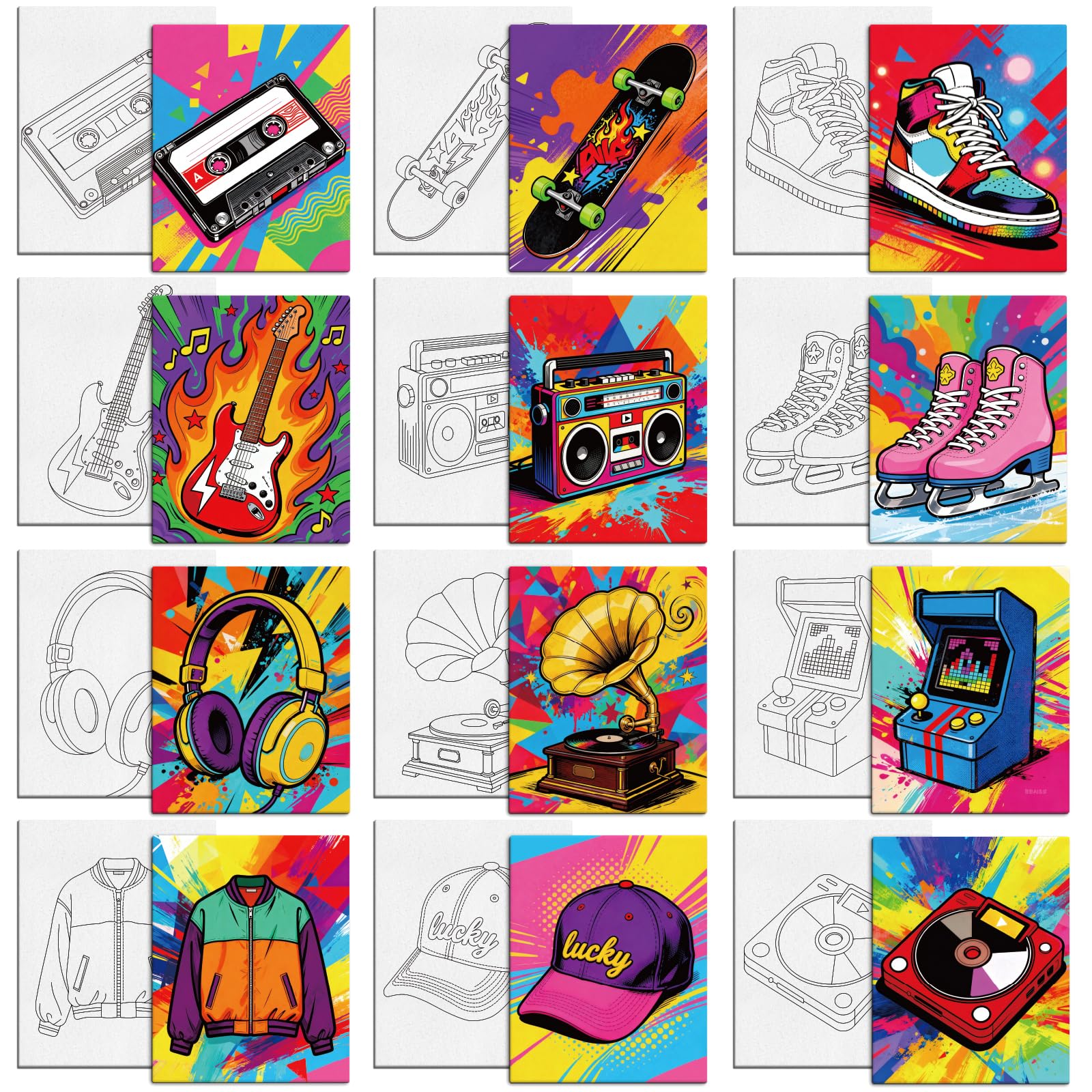 MAYJOYDIY 12 Pcs Pre Drawn Canvas to Painting Retro Graffiti Pre Printed Canvas for Adults 25×20cm Game Consoles DIY Paint Art Supplies for Beginners, Students, Party Gifts