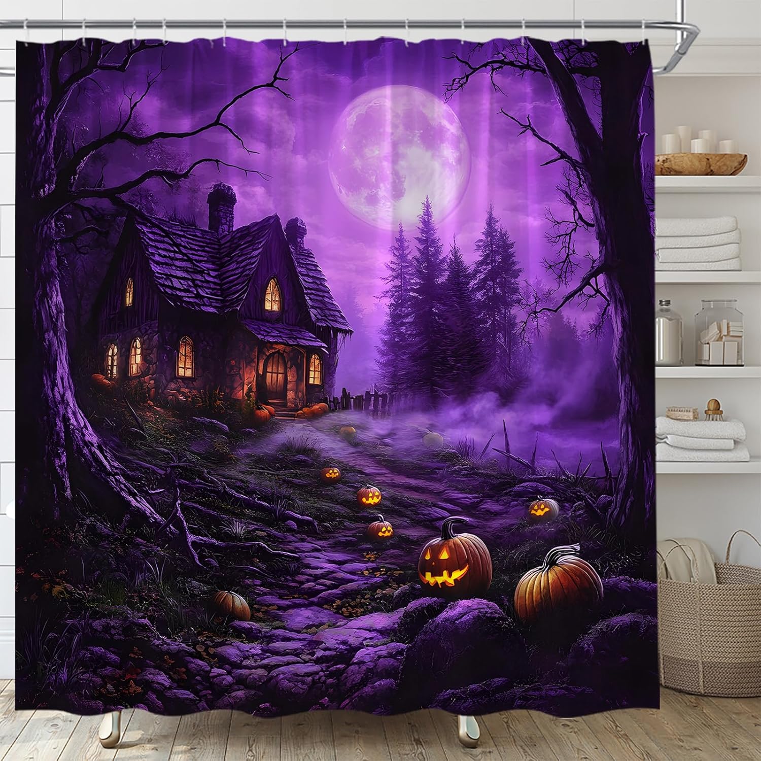 AMFD Spooky Halloween Shower Curtain Scary Night Horror Castle Full Moon Dead Tree Forest Pumpkin Gothic Holiday Ambience Bathroom Curtains Decor Fabric Set Include Hooks,(70" Wx84 H)