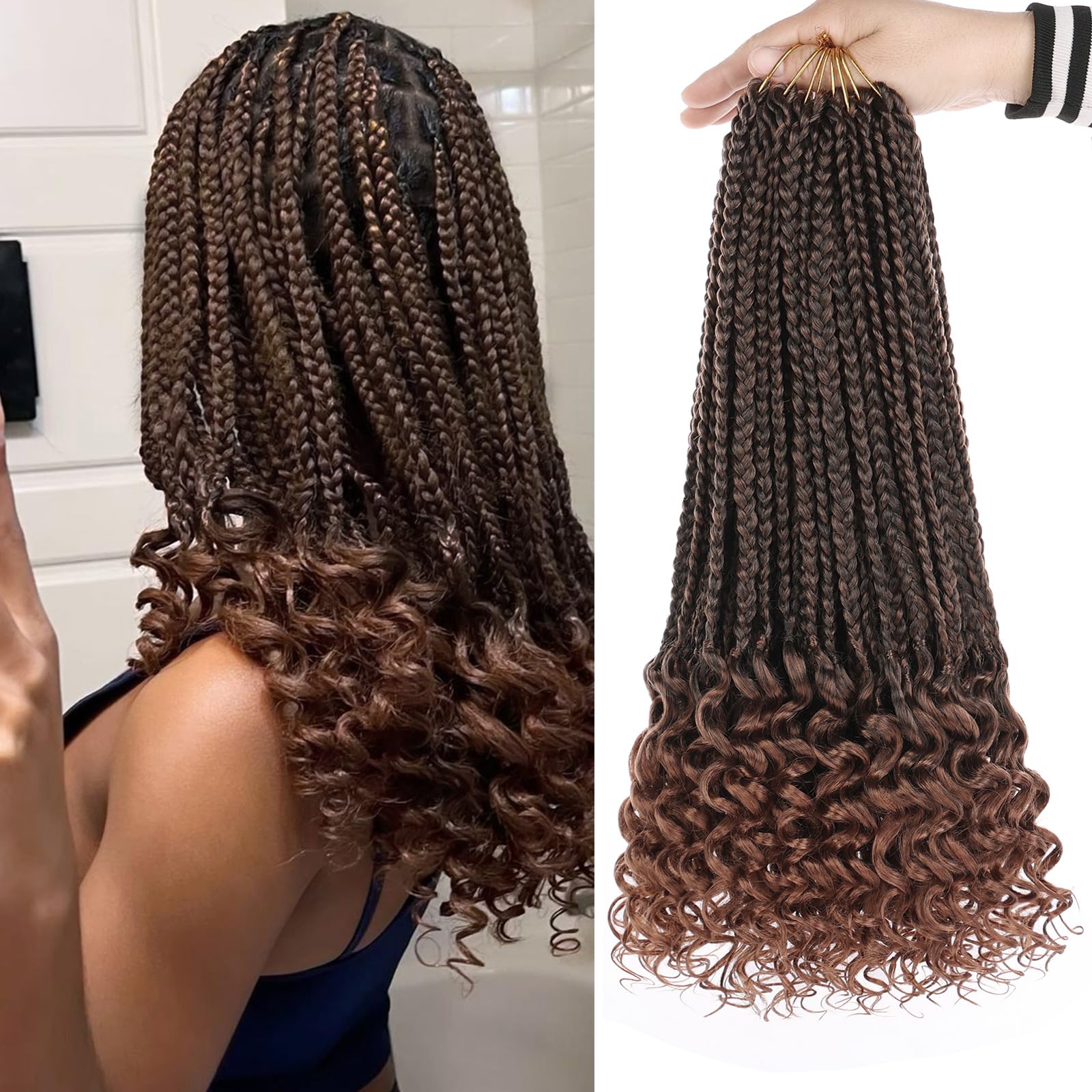 Photo 1 of 14 Inch Goddess Box Braids Crochet Hair with Curly Ends 8 Packs Pre-looped 3X Goddess Braids Hair Extensions Synthetic Boho Box Braiding Hair for Women (15Strands/pack T30#)