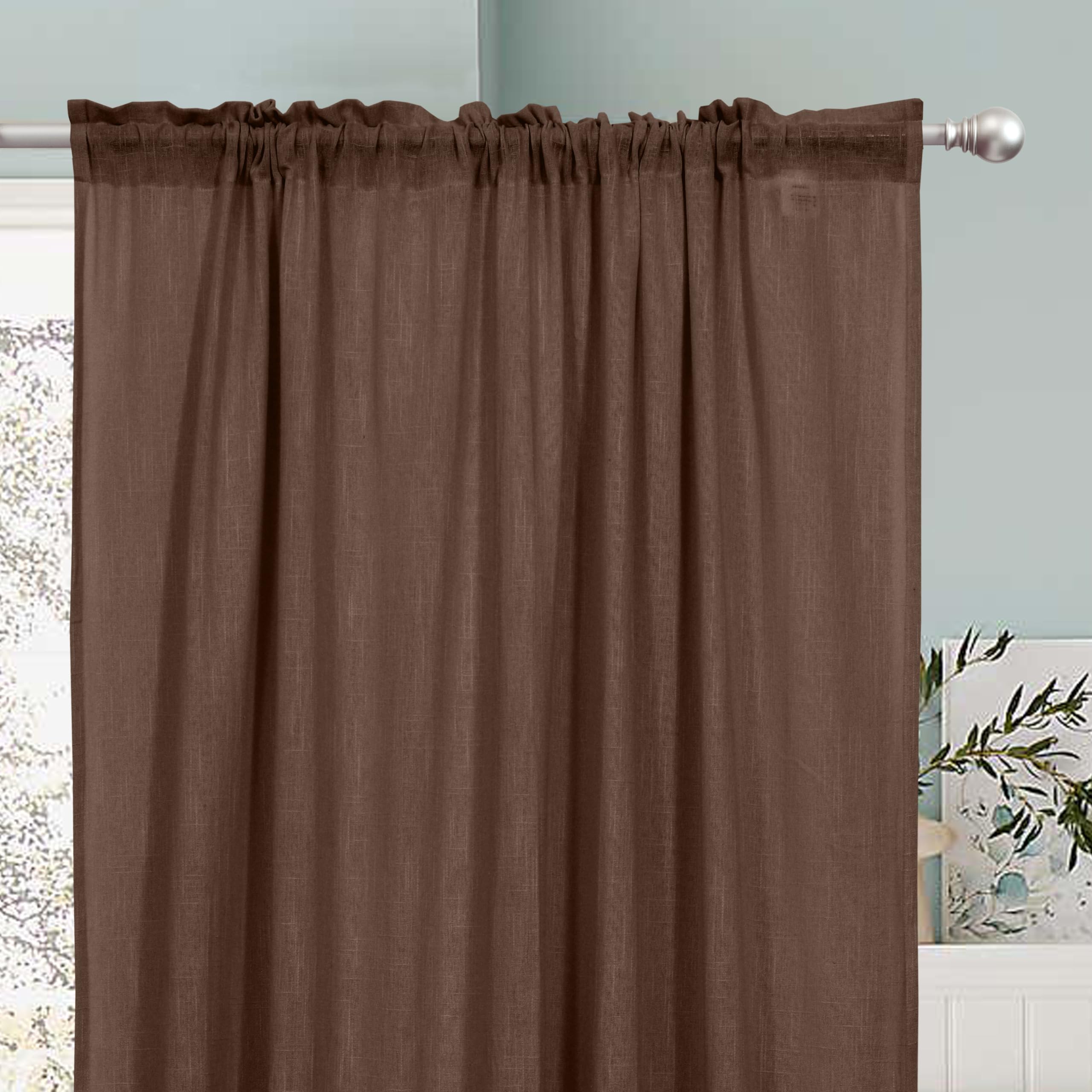 THE LINEN COMPANY Cotton Linen Sheer Window Curtains, Transparent Net Curtains, Light Filtering Privacy Drapes with Rod Pocket for Living Room & Bedroom, Brown, 5 Feet, Pack of 1