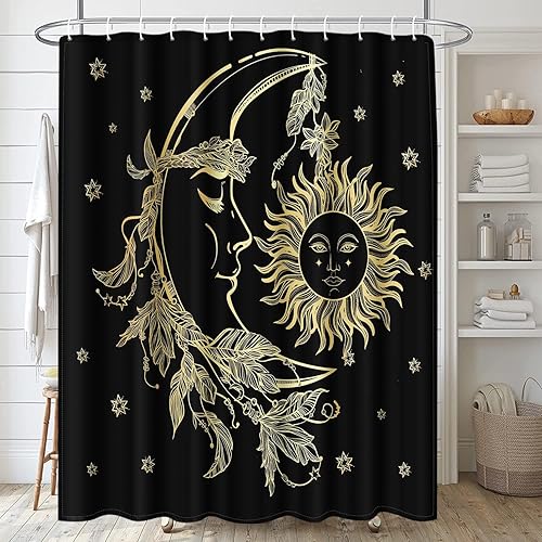Miniatura 2 de ArtSocket Juego de baño Golden Moon Sun con cortina de ducha y alfombras, accesorios de estrellas, fondo negro, cortina de ducha de verano para