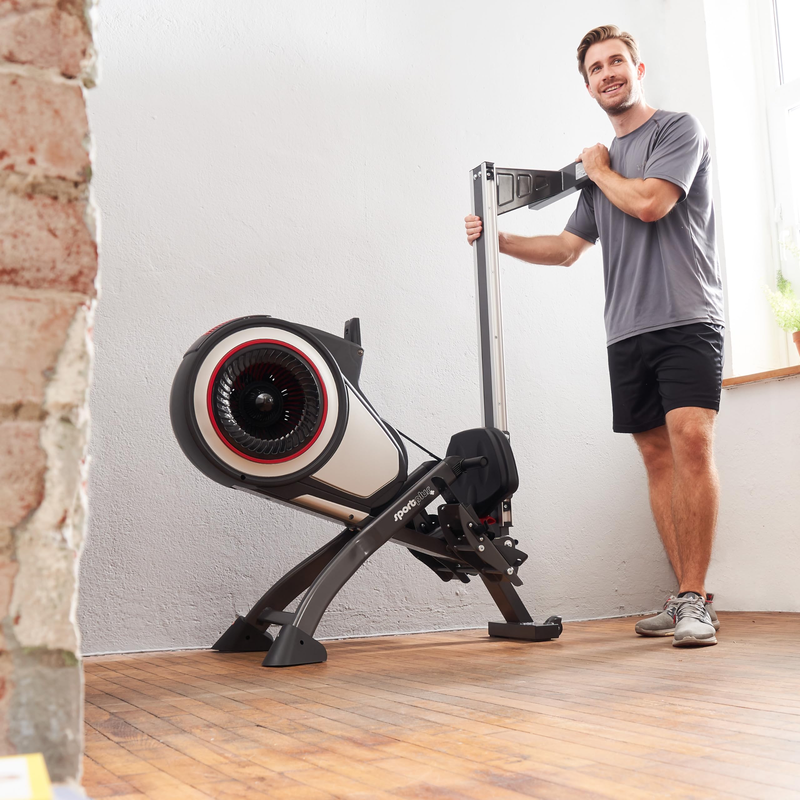 SportPlus Rameur pour la Maison avec résistance à l'air (8 Niveaux), Disponible avec compatibilité App, Silent et Fluid, Poids de l'utilisateur jusqu'à 150 kg