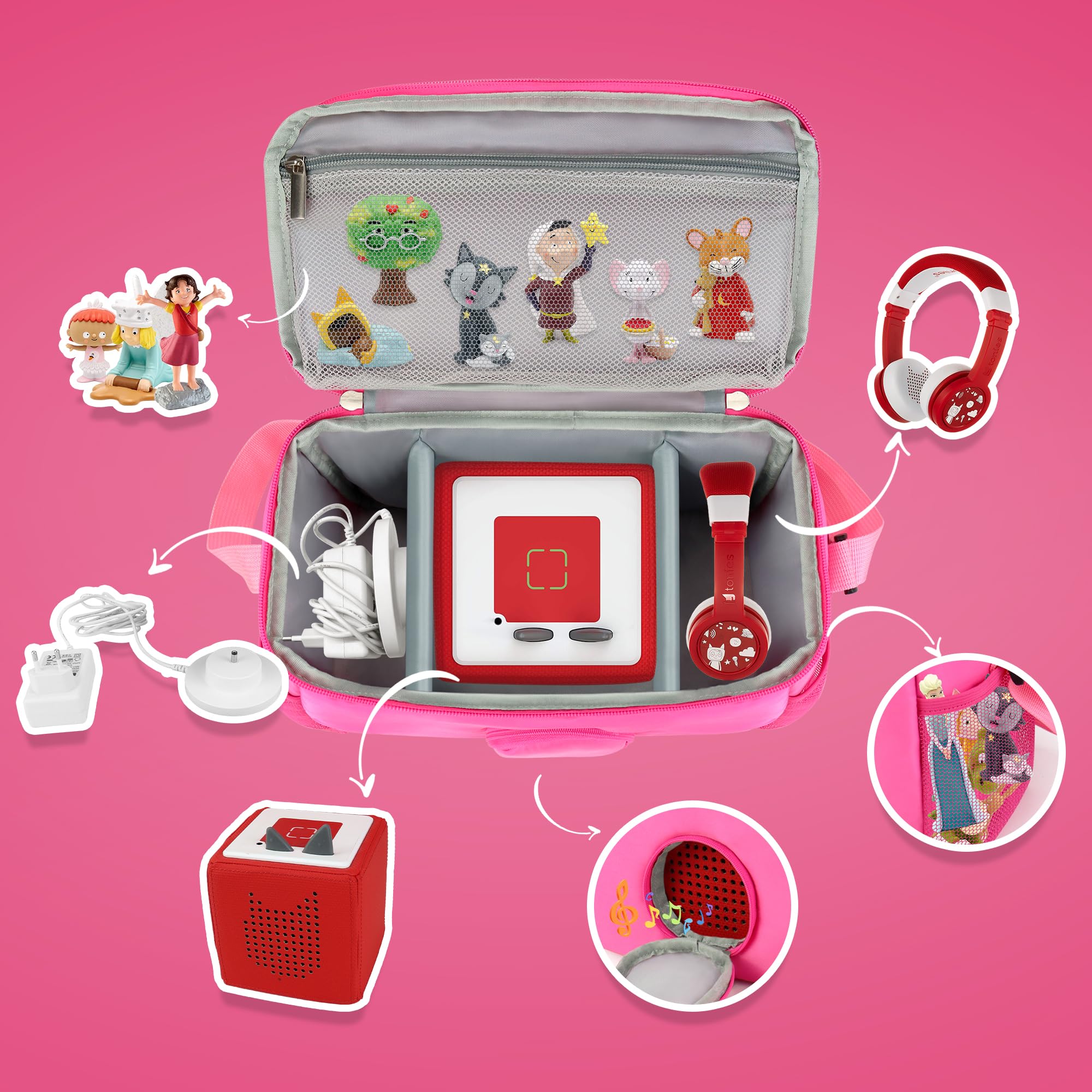 Wetry Carry Bag for Toniebox Storage Case for Tonie Characters Clever Pocket Set, Charger and Headphones, Bag Only (Pink) - Image 3