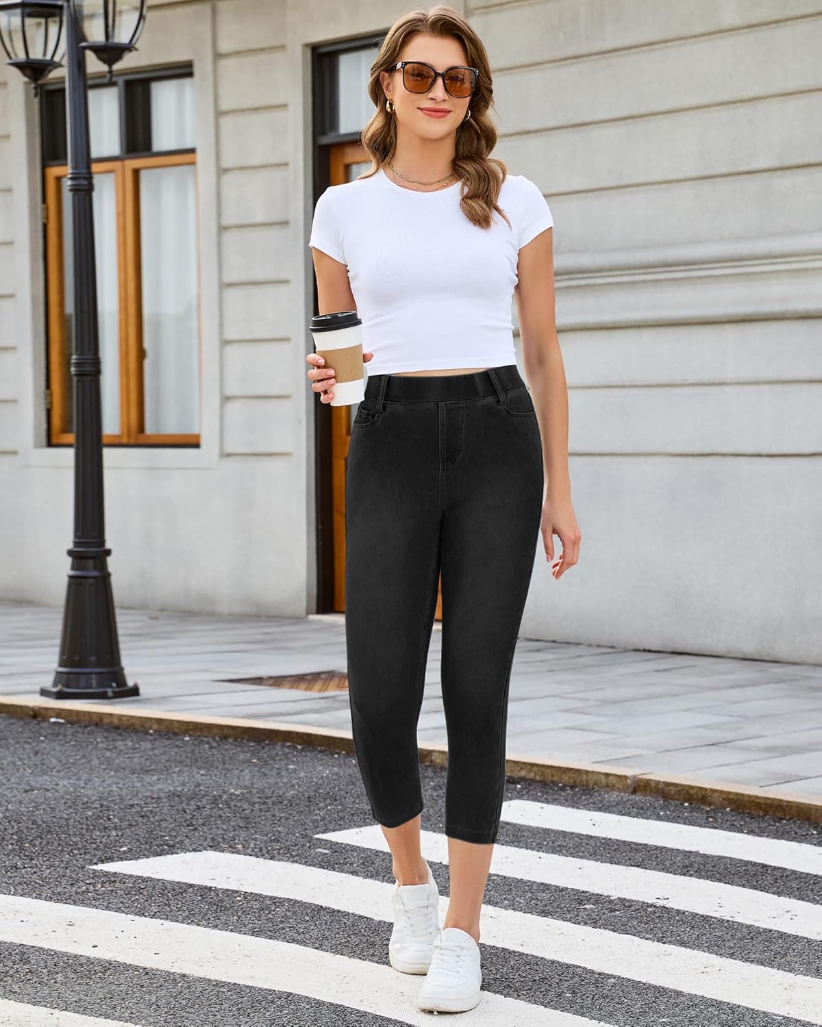 GRAPENT Capri Jeans for Women Skinny High Waisted Pull On Elastic Waist Knit Jeggings Comfy Stretchy Denim Capris Pants - Image 5