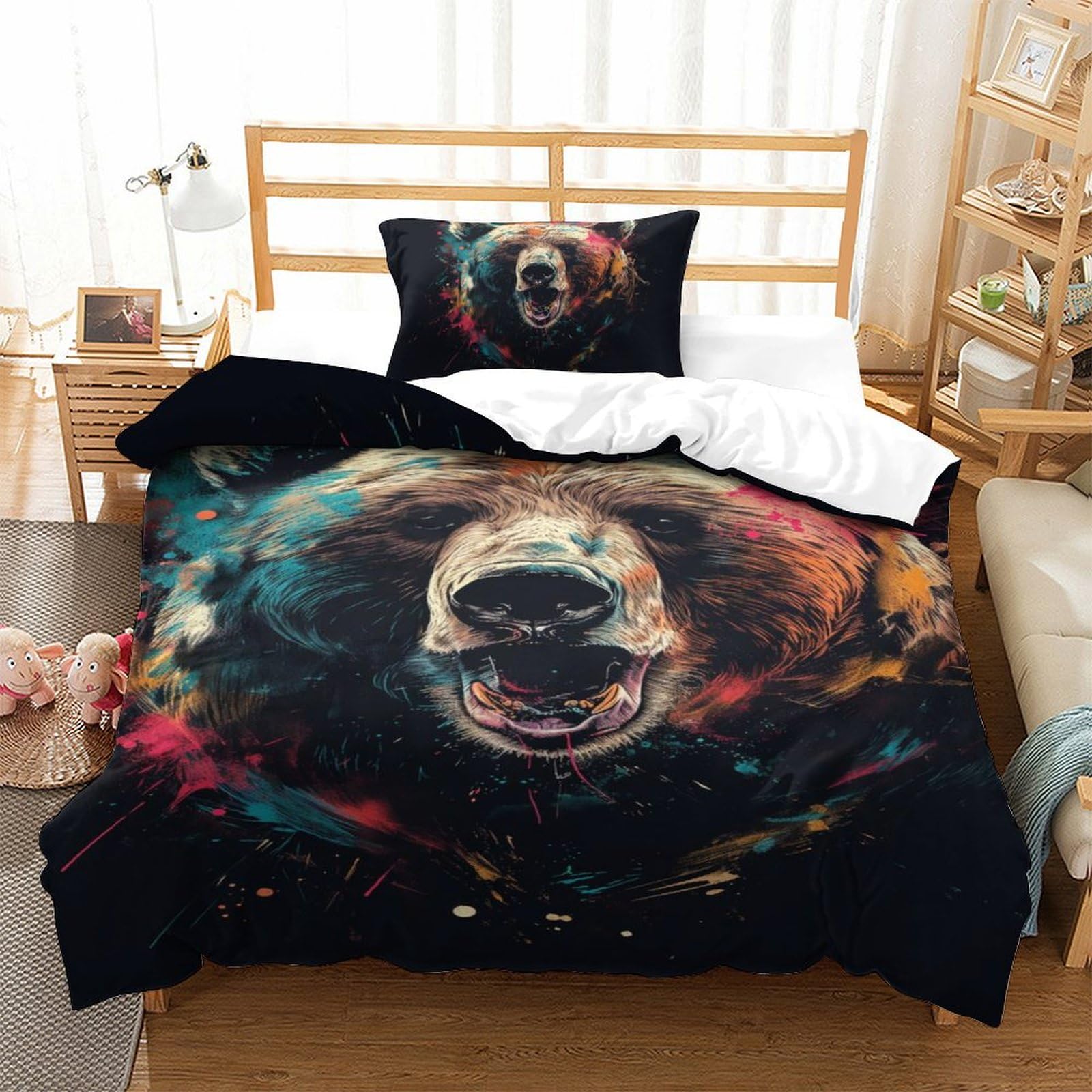 Housse de couette ours 3D 135x200cm microfibre, parure de lit 2 pièces enfants et adolescents