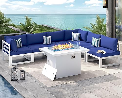 Miniatura 864 de NICESOUL 7 Piece White Powder-Coated Aluminum Patio Furniture with Fire Pit Table, 29 Inch Extra Wide Outdoor Sectional Sofa for 6, High-End Heavy