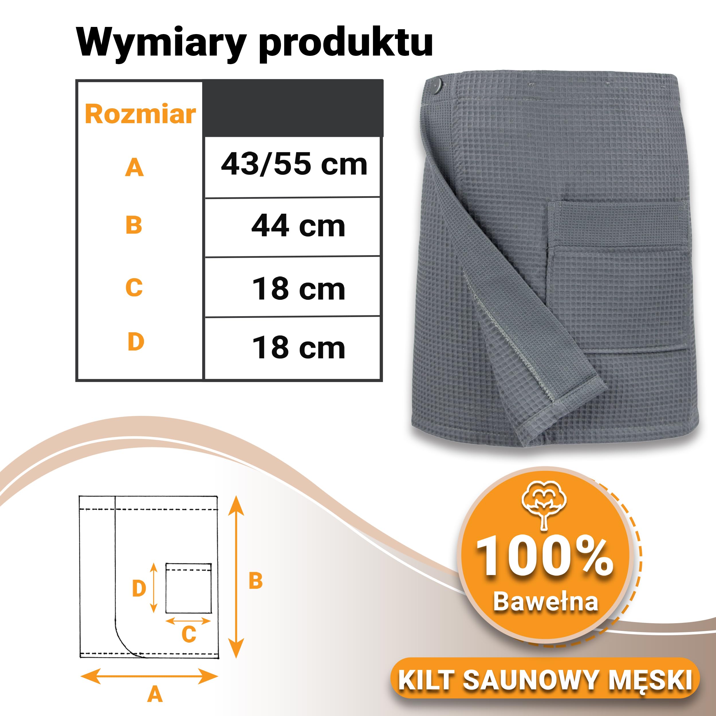 ZOLLNER Męski kilt do sauny marki z tkaniny typu waffel-pique – szary – rozmiar uniwersalny – bawełna – można prać w temperaturze do 60°C – certyfikat Oeko-Tex®, 338