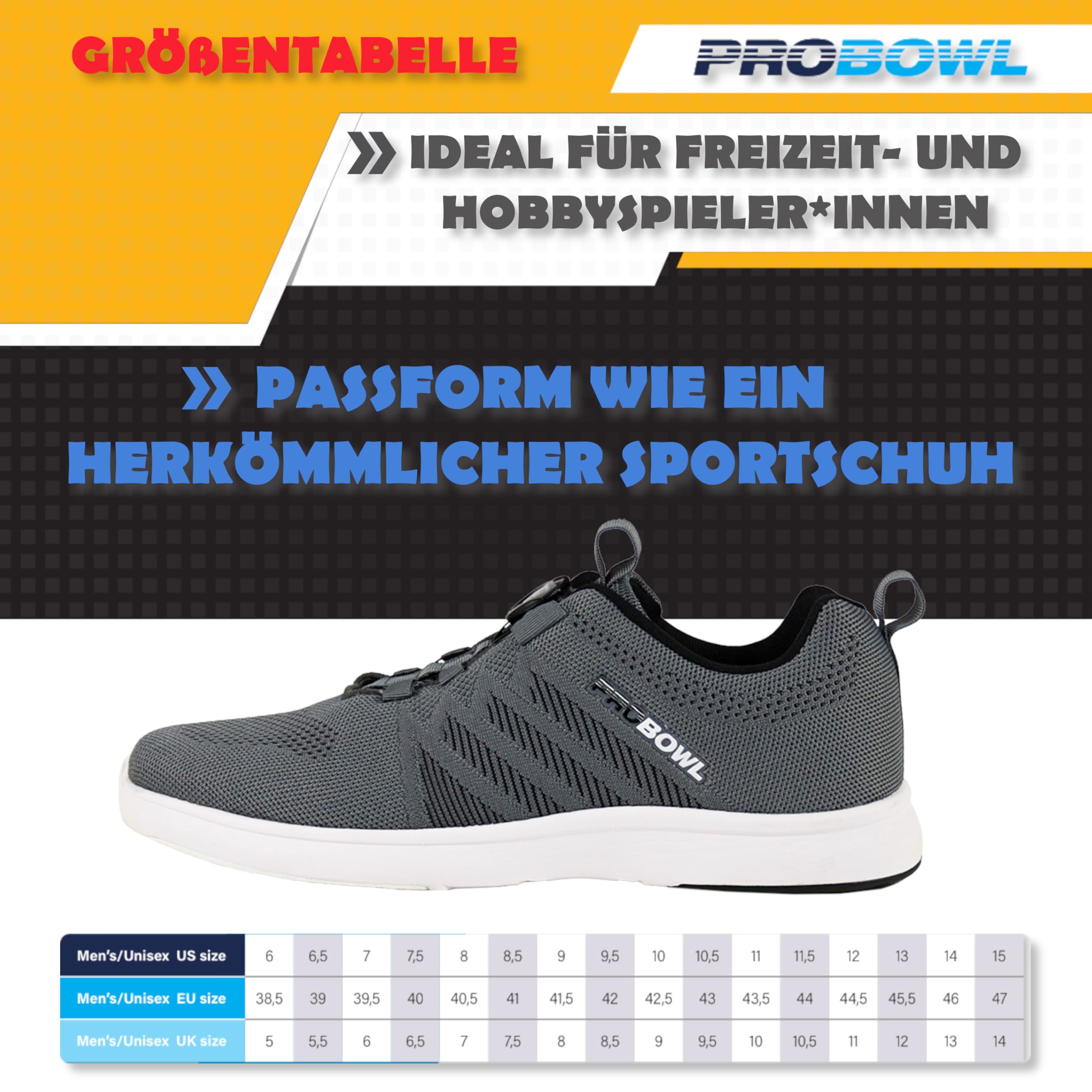 EMAX | Pro Bowl - Supro - buty do kręgli dla mężczyzn i kobiet i dorosłych | buty do kręgli z systemem sznurowania Fit-Go, ciemnoszary, 39 EU