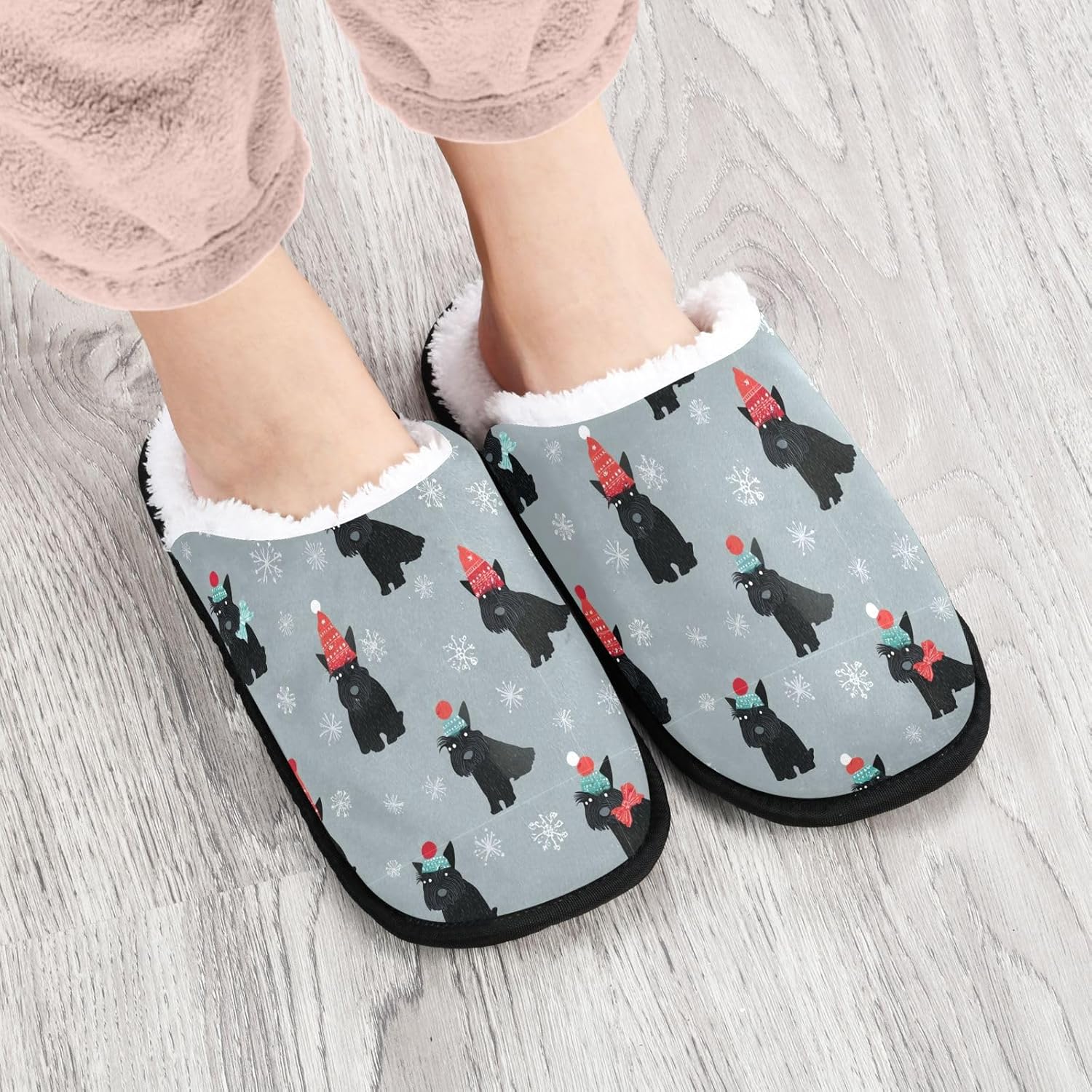 Boccsty Scottish Terrier Xmas Hat Spa Slippers Cute Dogs Polka Dots House Slippers Memory Foam Slippers Indoor Outdoor Home Shoes M for Men Woman