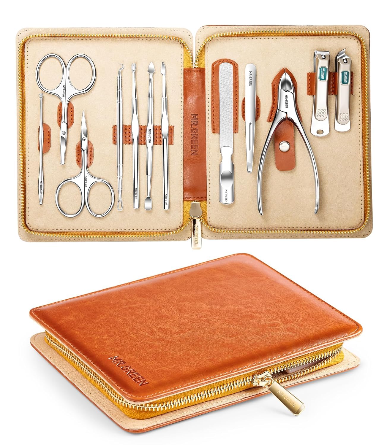 MR.GREEN 12-in-1 Manicure & Pedicure Set – Professional German Stainless Steel Nail Clippers,Cuticle Tools & Nail Care Kit, Travel Grooming Kit for Men & Women with Leather Case (Caramel Brown)