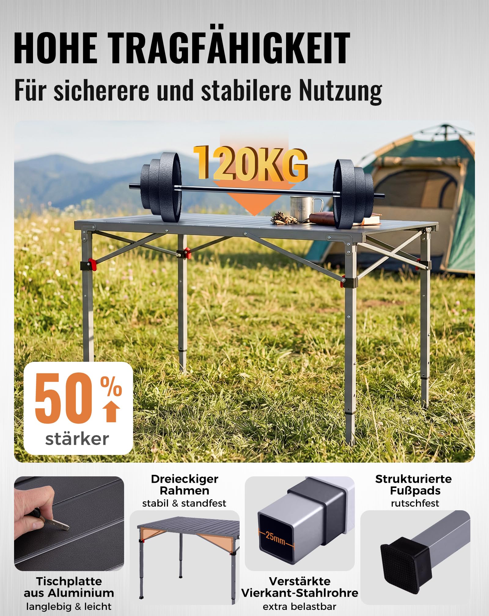 KingCamp Campingtisch Klappbar, bis 120 kg,60/70/80cm Höhenverstellbar | Aluminium Roll-Up Tischplatte,Schneller Auf- und Abbau,Kompakt, Robust,Langlebig,Leicht,für Outdoor,Picknick,107x70cm
