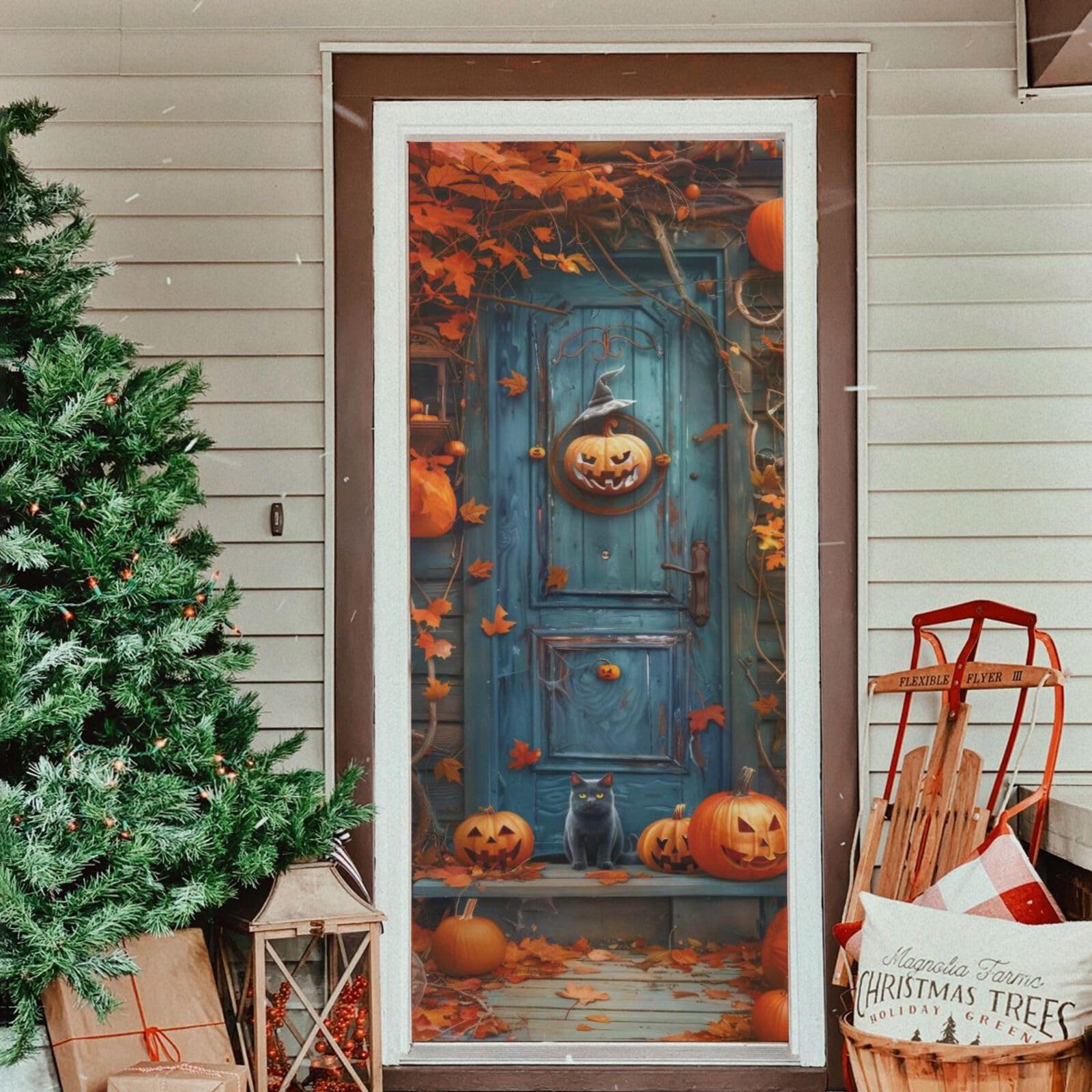 Burbuja Christmas Santa Claus Door Cover, Stretch Fabric Backdrop Door Porch Covers For Home Party Holidays Decoration, 35x79 In