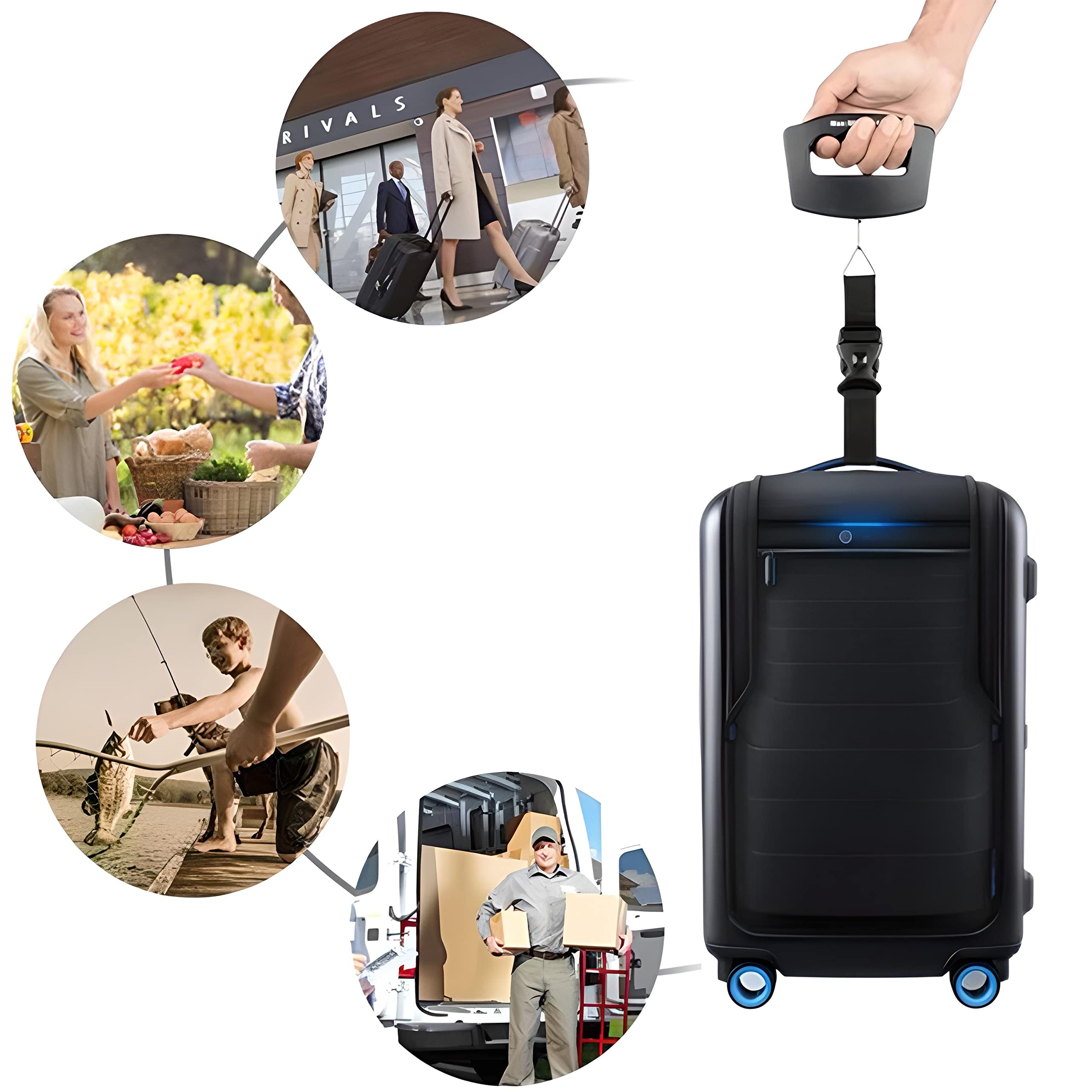 Retoo Cyfrowa waga bagażowa, wyświetlacz LCD, podświetlenie tła LCD, przenośna waga wisząca do walizek, ryb i toreb do 50 kg, funkcja tara, praktyczna w podróży, na baterie, stal nierdzewna, czarna