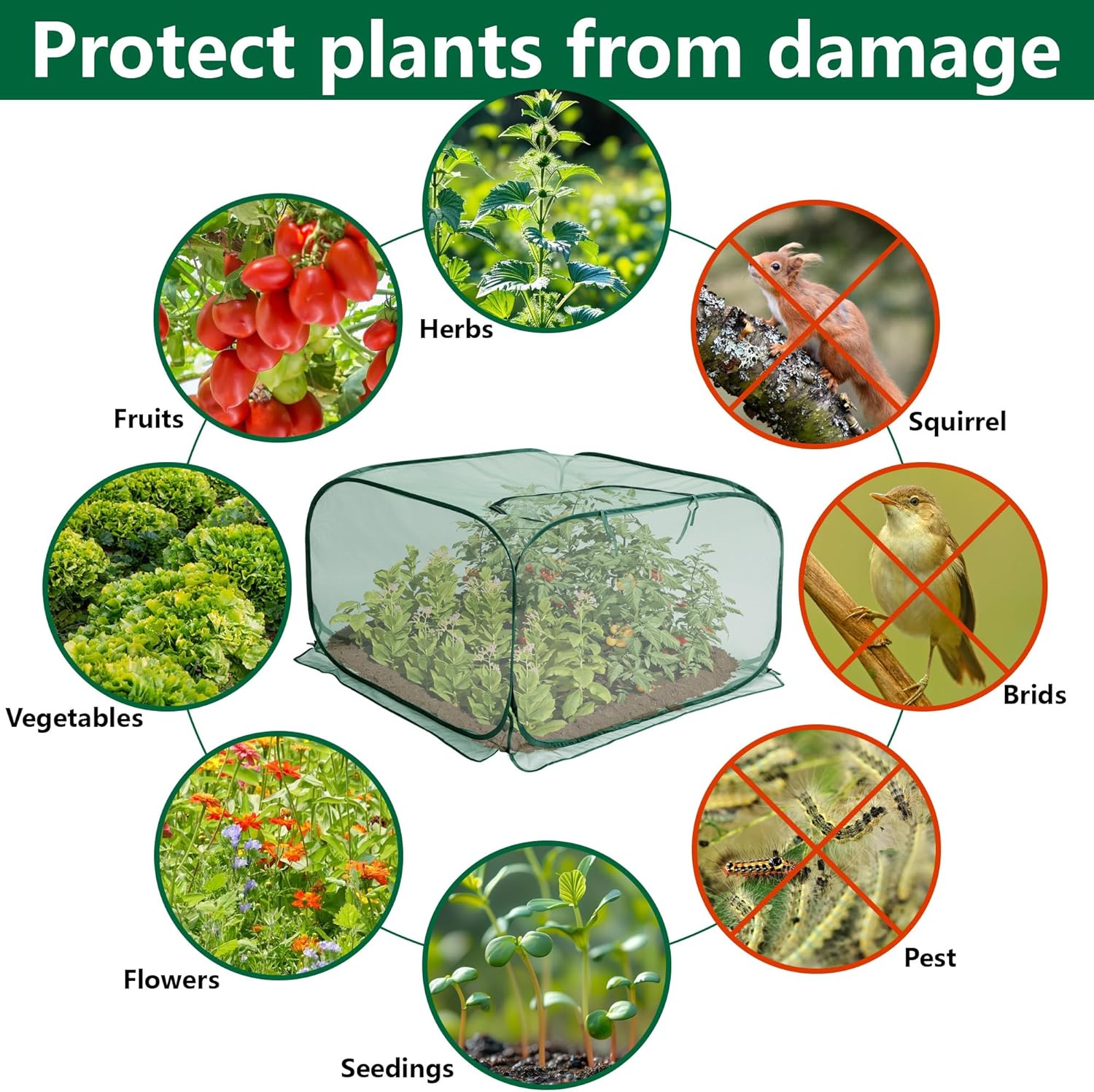 2 Pcs Pop Up Mesh Plant Cover, 35" x 35" x 27.5" Foldable Plant Protector Mesh Plant Enclosure, Garden Net Cage Guard Cover with 8 Ground Stakes for Protecting Plant Vegetable Fruit from Birds Insects