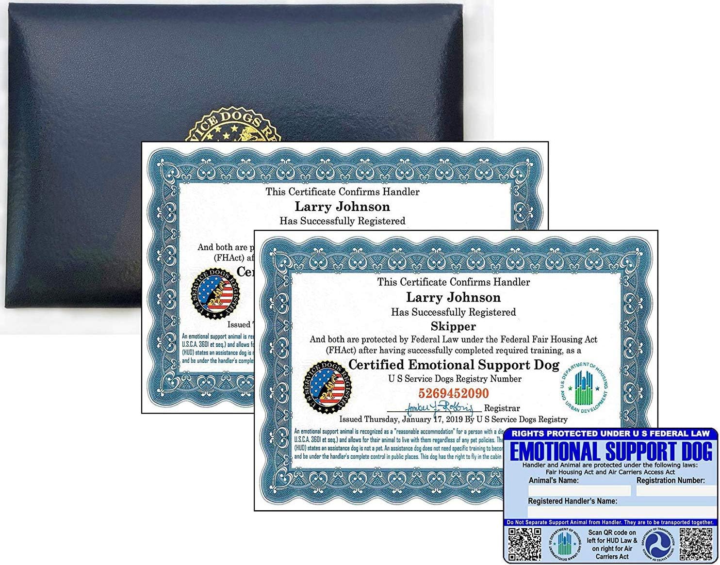 Official Certified Emotional Support Dog Certificates & Leather Presentation Folder, Customized Set of 2 Certificates Includes Handler/Dog Info PVC Card-with Registration at U S Service Dogs Registry