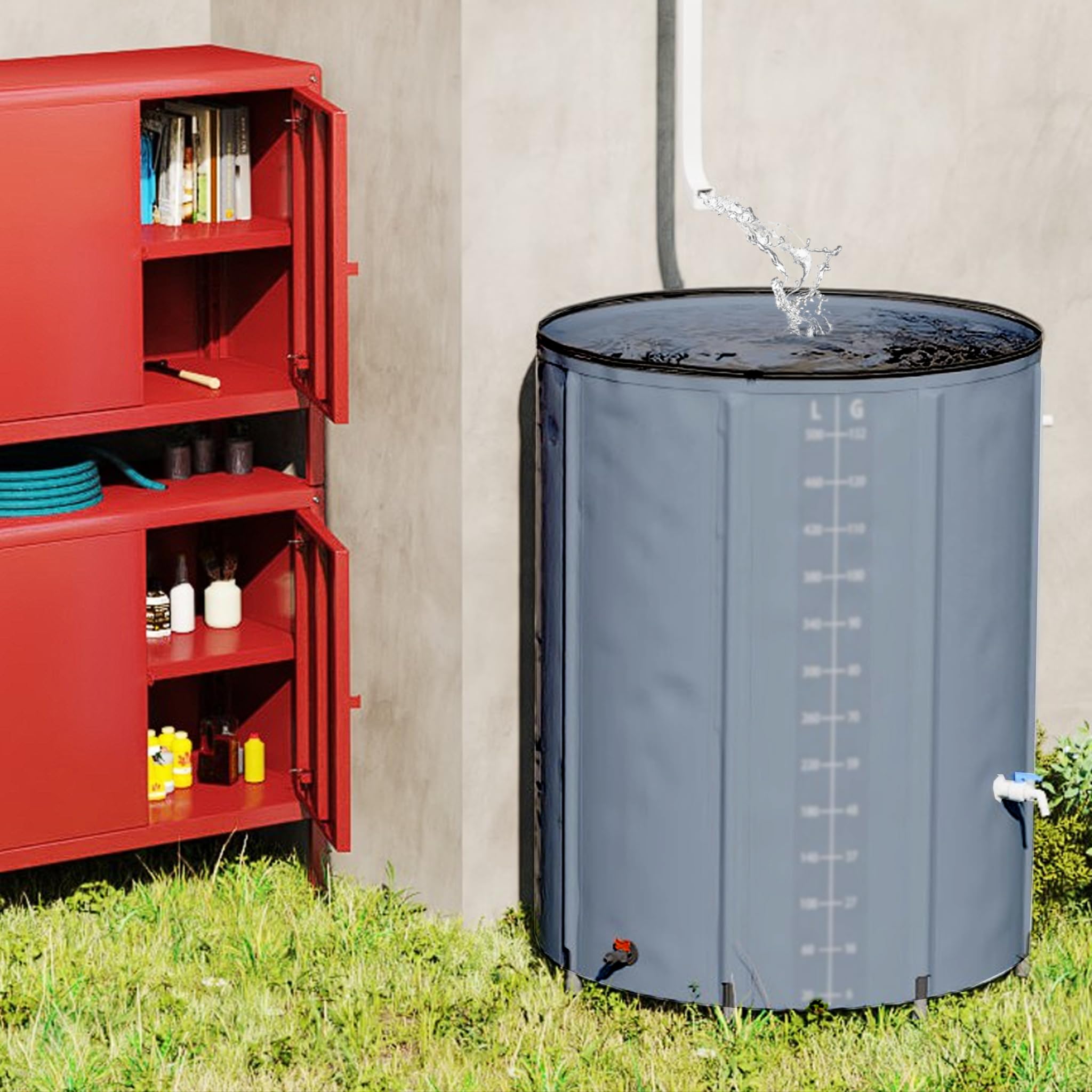 FIVMEN Depósito de Agua Lluvia 750 litros Barril de Lluvia Tanque de Agua Plegable Contenedor Agua de PVC con Tapa y Grifo, Gris Oscuro