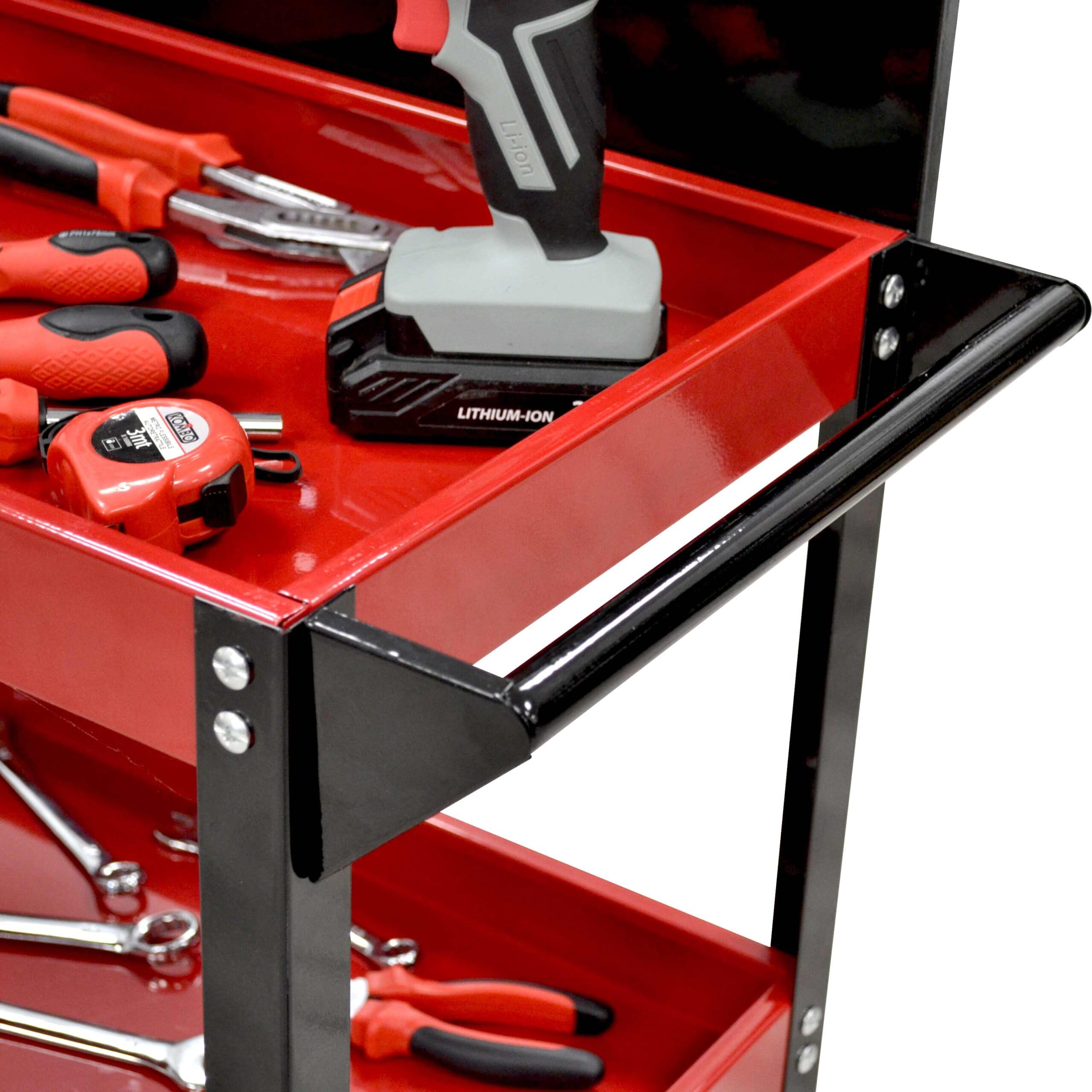 KOMBO - Carro portaherramientas con 3 estantes, panel perforado con 5 ganchos, ruedas giratorias y asa – 81 x 35 x 110 cm – Capacidad de carga: 150 kg, estructura de acero pintado bicolor