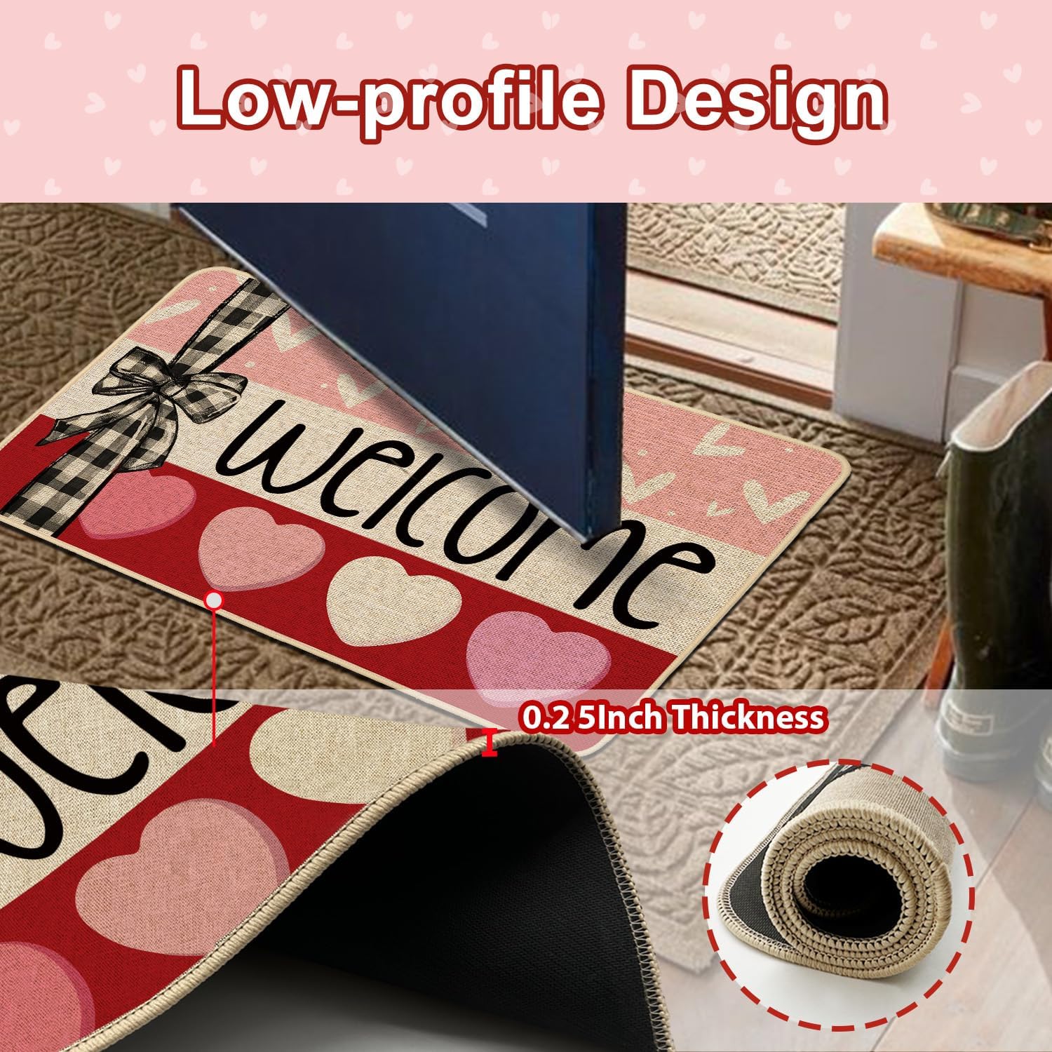Baccessor Valentines Day Door Mat Welcome Love Bow Pink Heart 17x29 inch Decorative Front Doormat Indoor Outdoor Non Slip Rubber Backing Seasonal Anniversary Wedding Kitchen Decoration