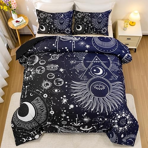 Holawakaka Juego de edredón con estampado de constelaciones de estrellas, luna, tamaño individual, para niñas y niños, juego de ropa de cama con