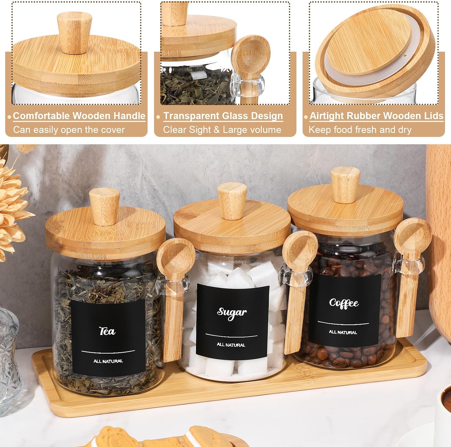 Suclain 3 Pcs Glass Coffee Container with Wooden Lid Spoon Shelf Labels Clear Airtight Jar Food Storage Canister Set for Sugar Spice Coffee Bean Holder Housewarming Gift(20 oz,Natural Bamboo)
