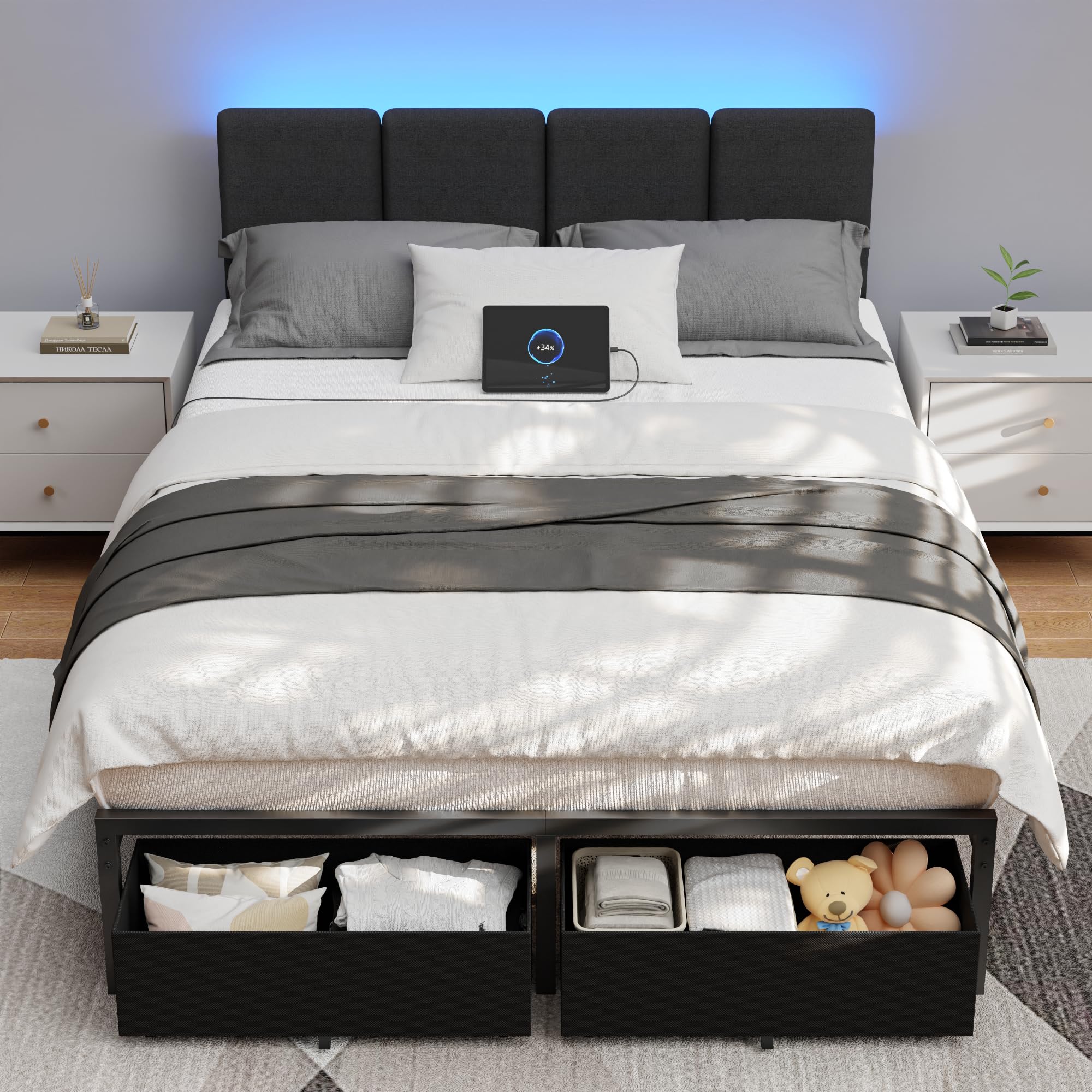 Base de cama de tamaño matrimonial con cabecero, cama tapizada matrimonial con luz LED, estación de carga USB, base de cama de plataforma con 2 cajones de almacenamiento debajo de la cama, no 6