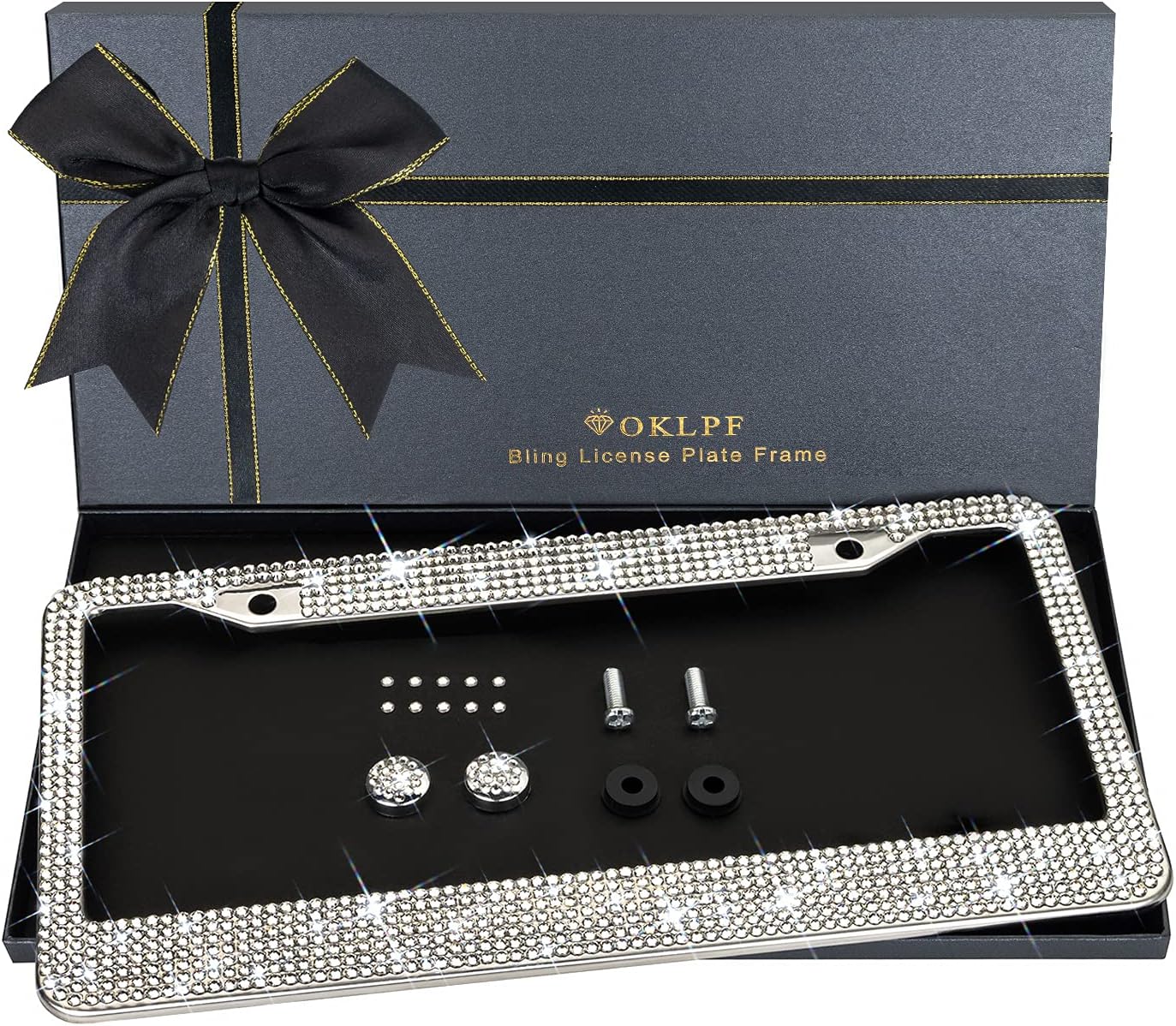 OKLPF Bling License Plate Frame for Women, White Sparkly Stainless Steel License Plate Frames| Over 1200 pcs 14 Facets Bedazzled Clear Glass Rhinestone Crystals w/Free Glitter Diamond Box, 1 Pcs