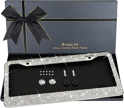 OKLPF Marco de matrícula brillante para mujer, marcos de matrícula de acero inoxidable brillante blanco  Más de 1200 piezas de cristales de