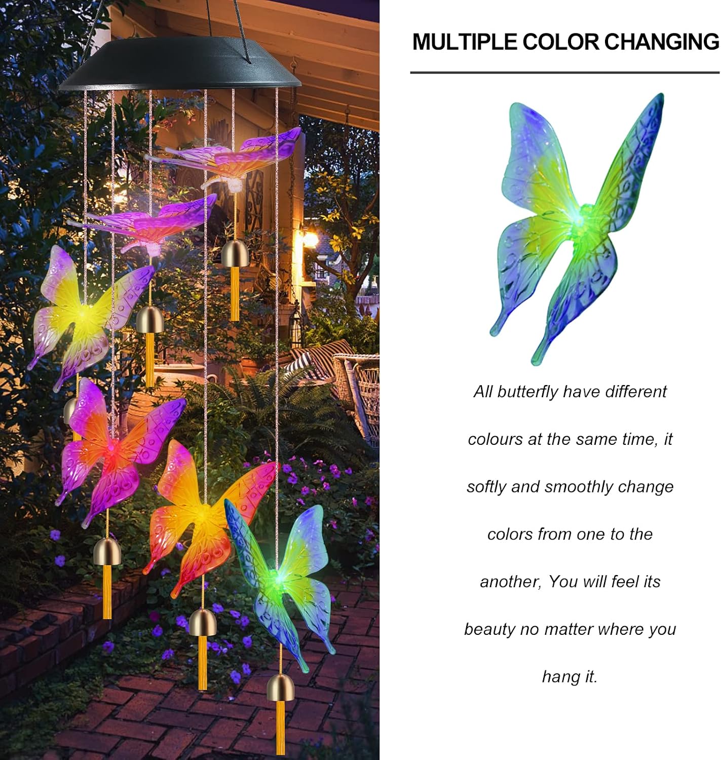 Famiry Solar Bells Butterfly Wind Chimes for Outside, Wind Chimes Colors Changing Six Butterfly Waterproof LED Solar Light, Outdoor Decor for Garden, Patio, Yard, Home