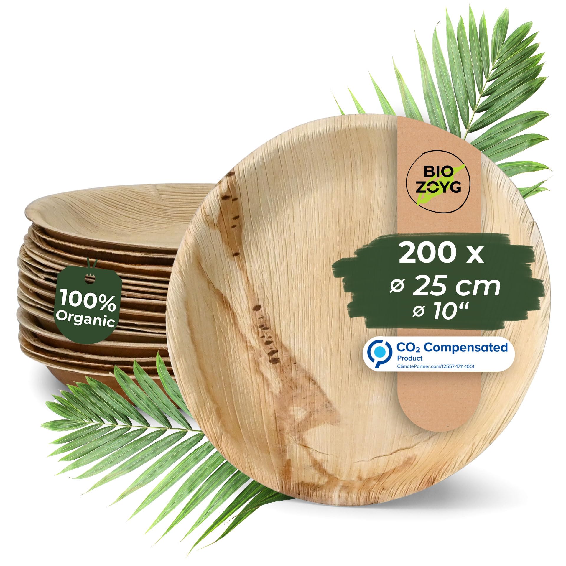 BIOZOYG Palmware wysokiej jakosci naczynia z lisci palmowych I 200 sztuk talerzy z lisci palmy okragle O 25 cm I Bio naczynia jednorazowe biodegradowalne naczynia imprezowe jednorazowego uzytku naczynia do wyrzucania