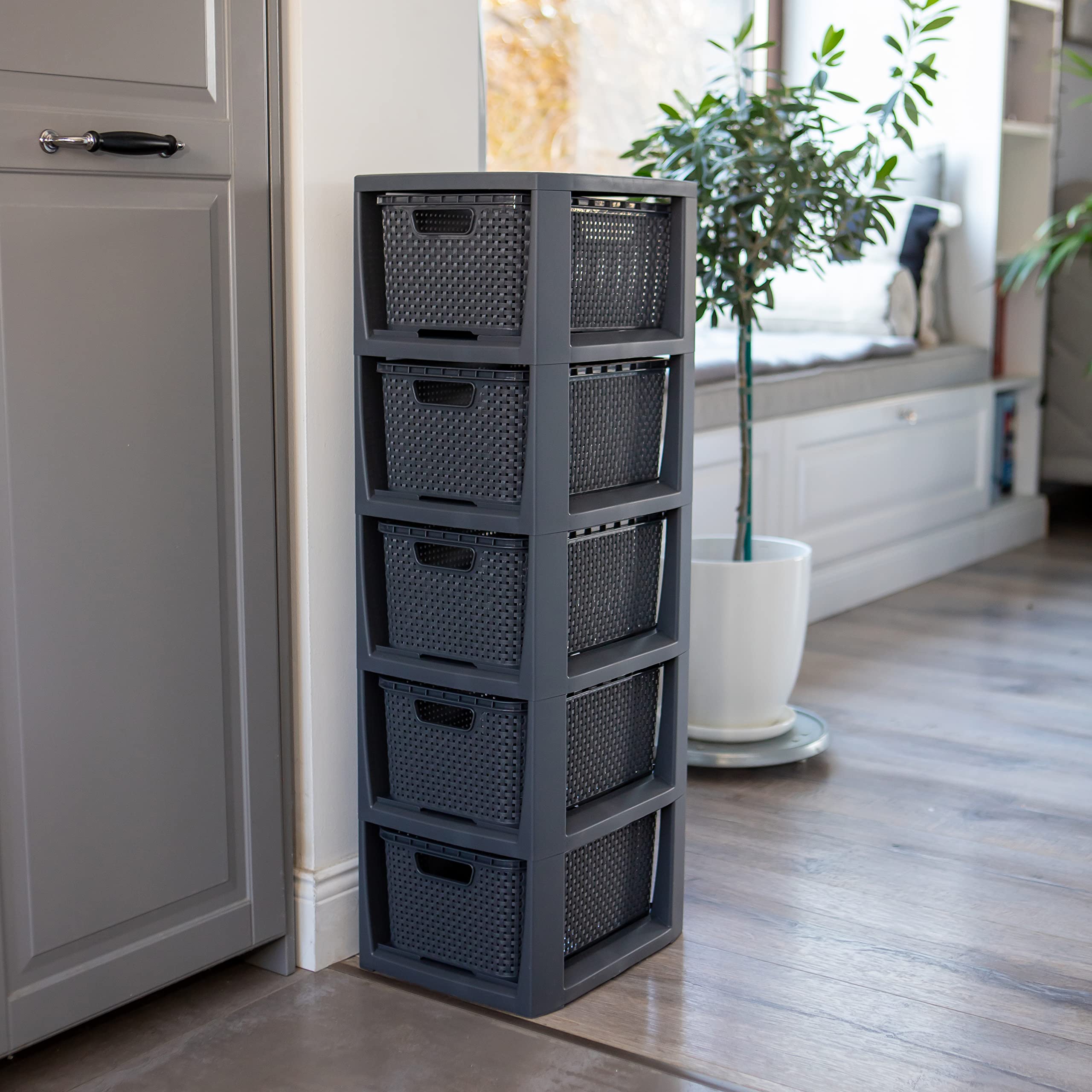 BranQ - Home essential 100% recycelt Kunststoff PP, Ökologisch, Regal in Rattan Design, Anthrazit, 5 Körben