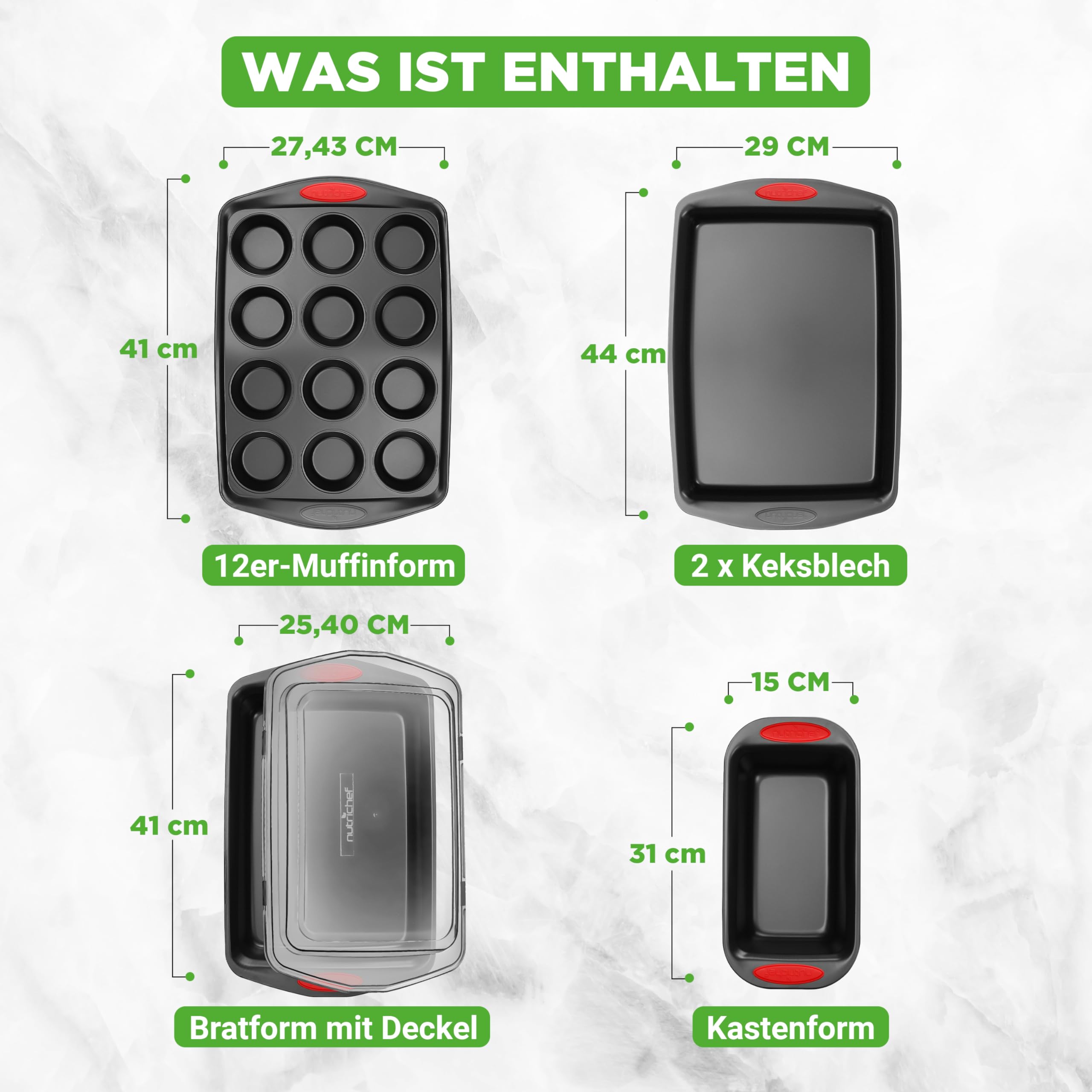 NutriChef Backformen Set 6-teilig – Antihaft Kohlenstoffstahl, PFOA & PTFE-frei, mit Muffinform, Kastenform, Bratform & 2 Keksblechen, Silikongriffe, ofenfest bis 230°C