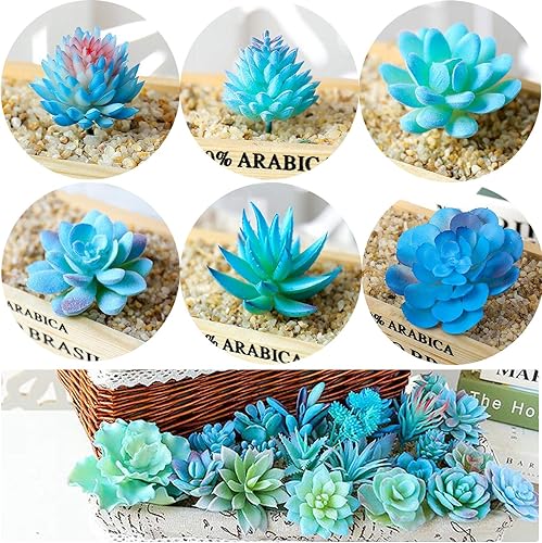 Miniatura 9 de Woohome 20 plantas suculentas artificiales, suculentas falsas verdes, surtido de suculentas falsas sin maceta en azul flocado en diferentes tipos