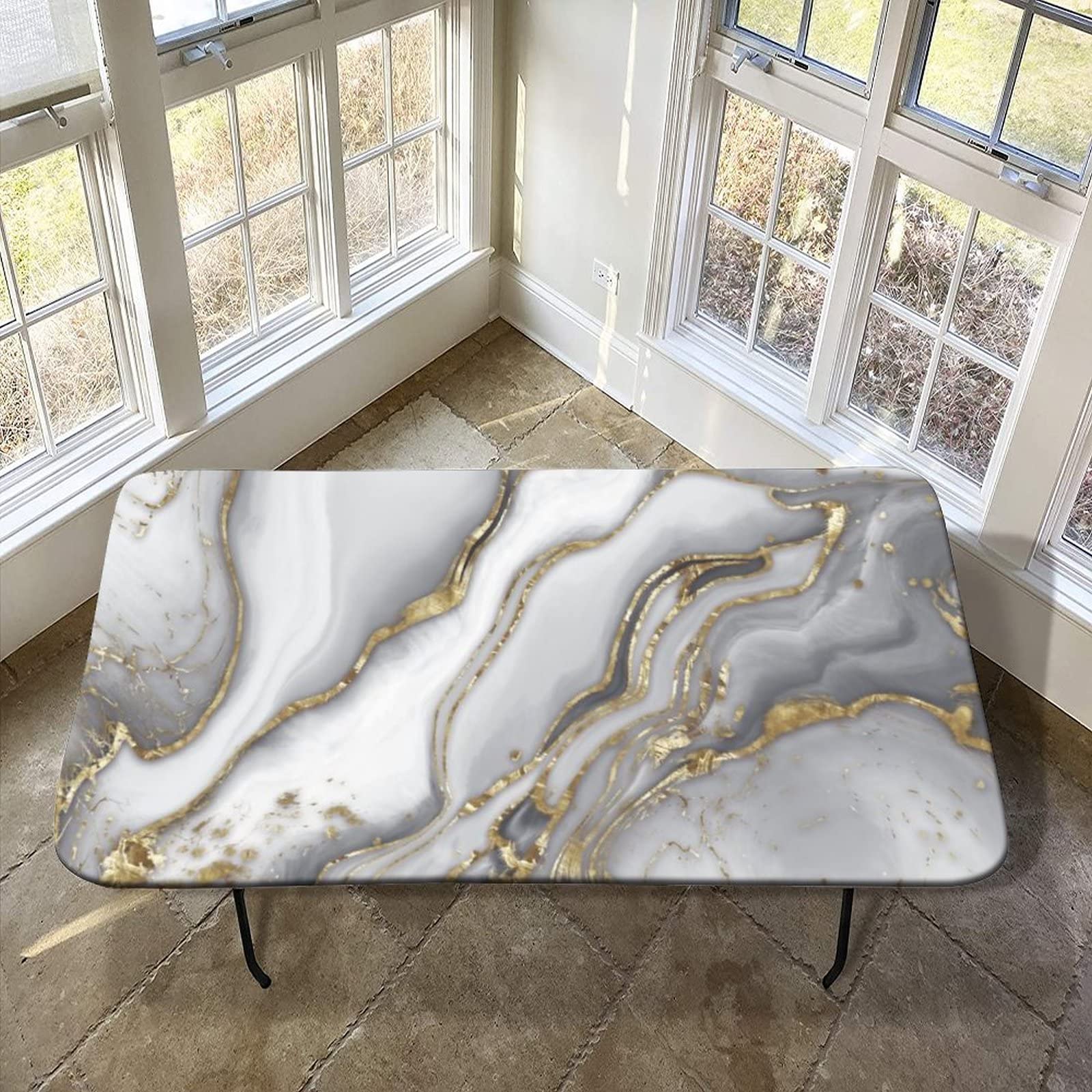 XISUNYA Marble Elastic Fitted Polyester Tablecloth, 36