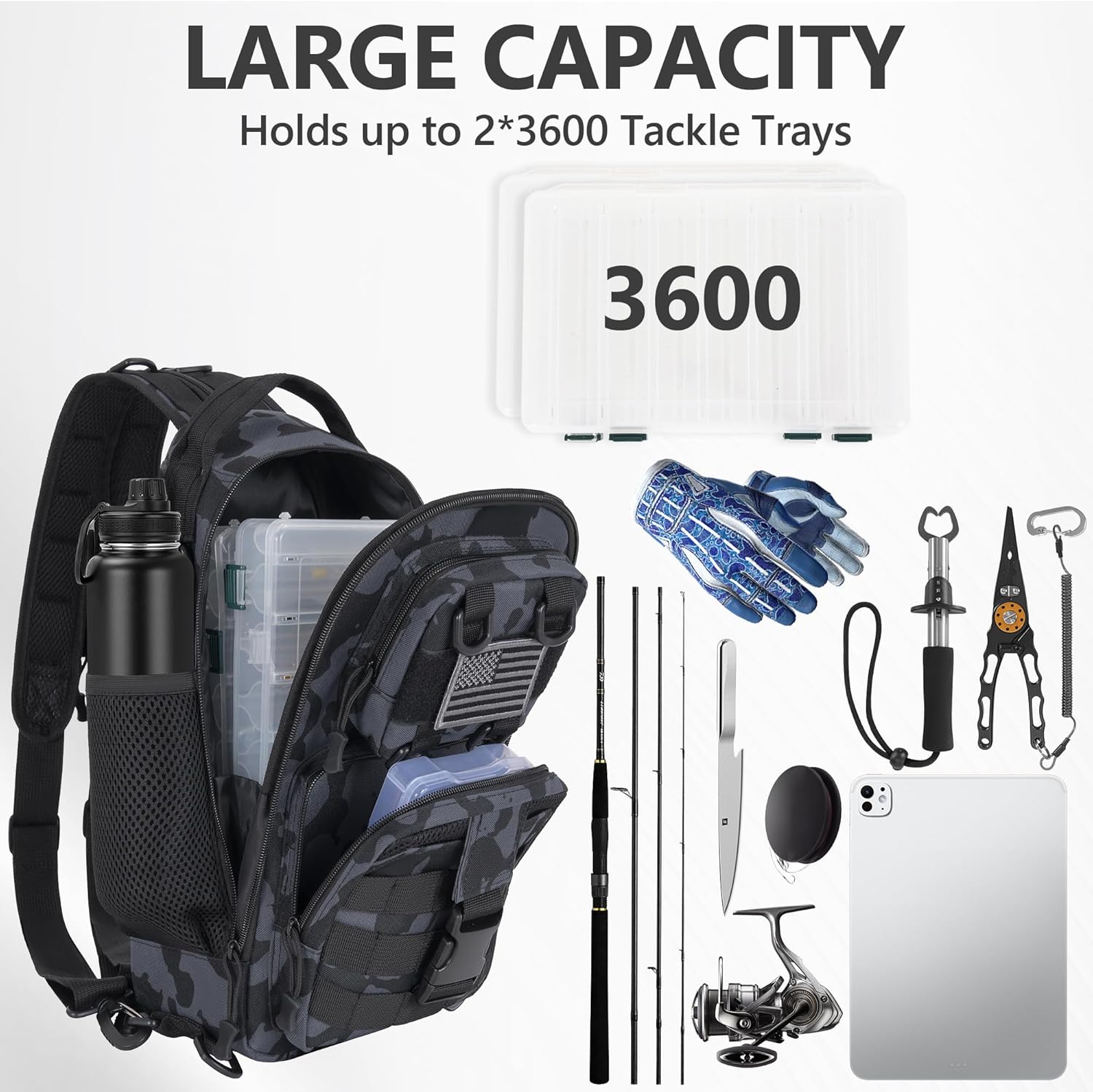 GMAK Fishing Backpack Tackle Sling Bag, Tactical Fishing Tackle Backpack with Rod & Gear Holder, Lightweight Outdoor Water-Resistant Tackle Gear Pack Shoulder Bags for Men Women, Black Camo