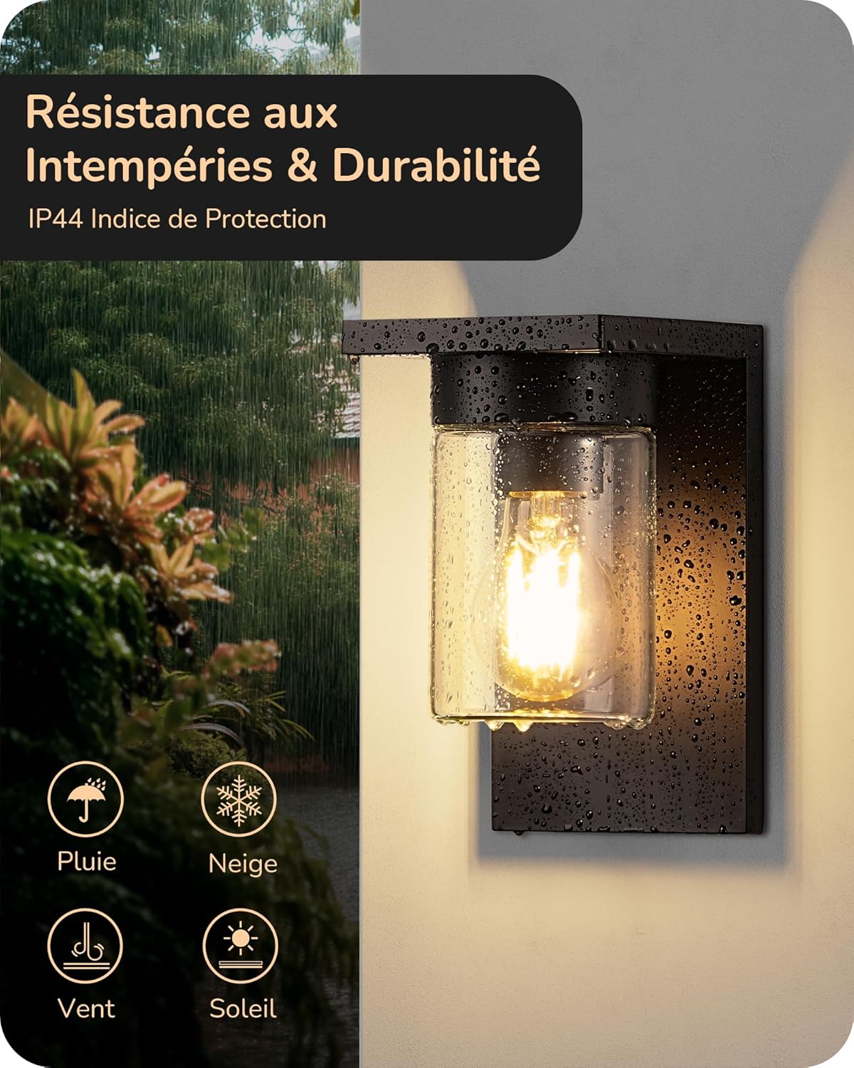 Outdoor wall light in rainy weather, demonstrating IP44 weather resistance against rain, snow, wind, and sun.
