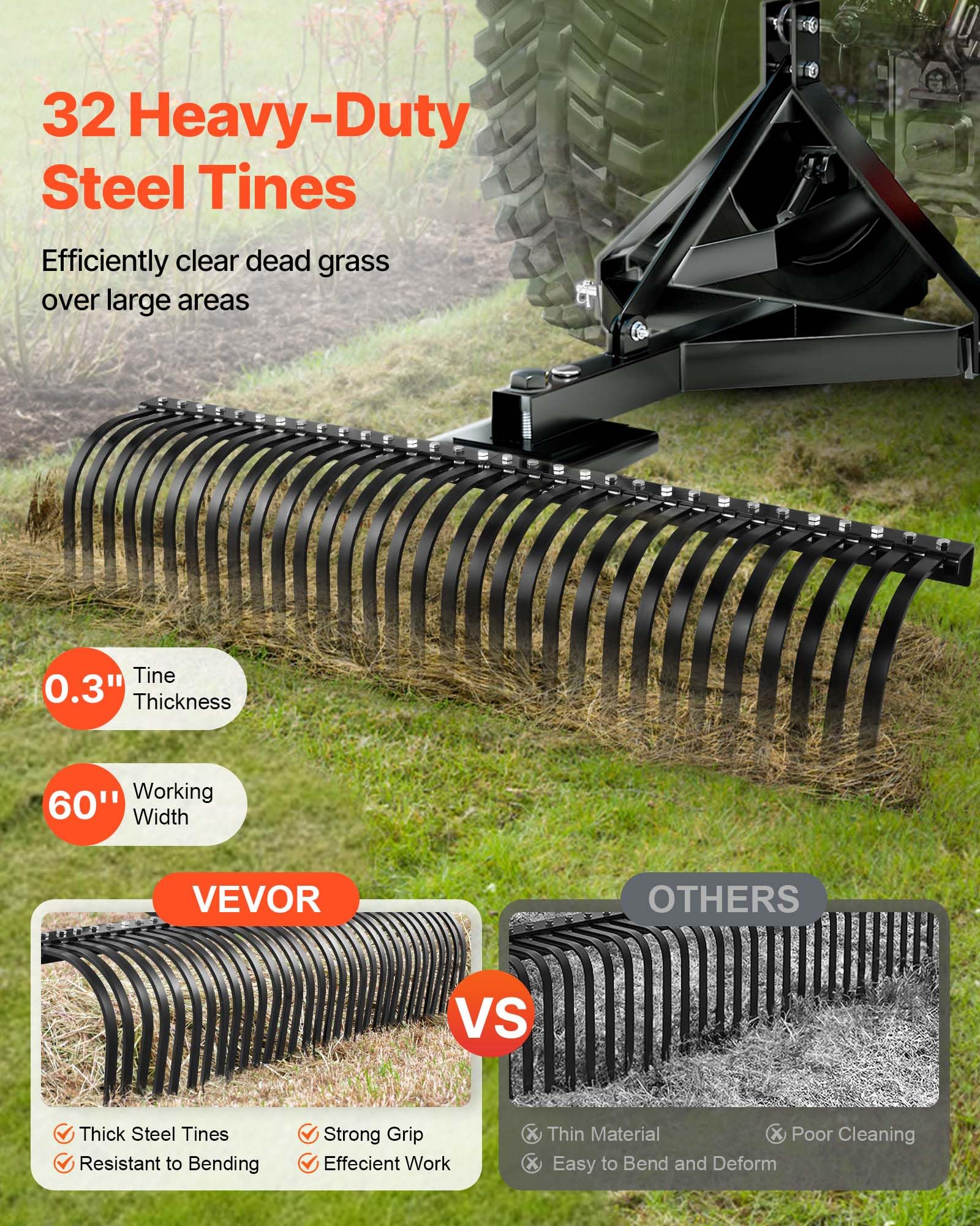VEVOR Grabie do traktora trawnikowego 1525 mm z 32 stalowymi zębami, 3-punktowa grabie do holowania krajobrazu z przyłączami do ciągnika, do ogrodu, farmy, trawy