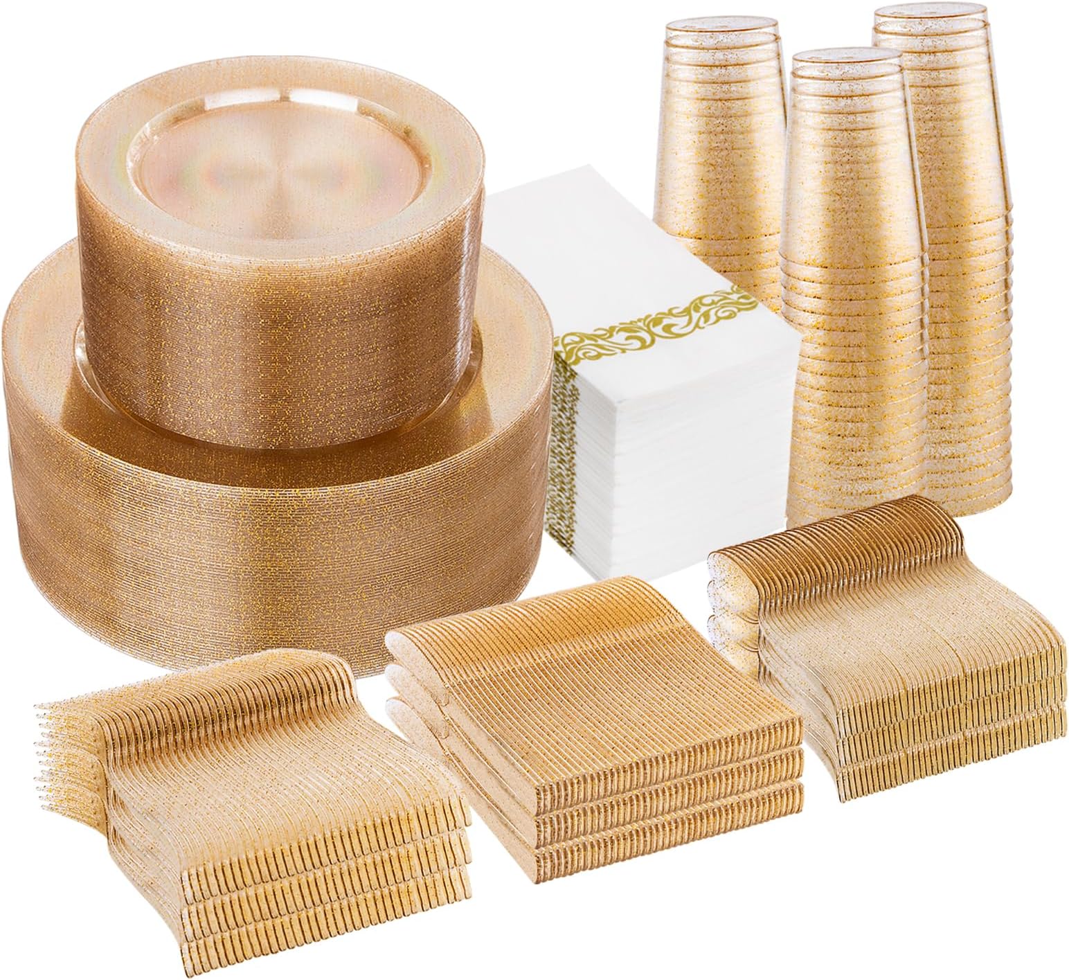 I00000 700 Pcs Gold Glitter Plastic Dinnerware Sets, Disposable Plates for Party, Include: 100 Dinner Plate,100 Dessert Plate,100 Paper Napkins, 100 Cups,100 Plastic Silverware Set