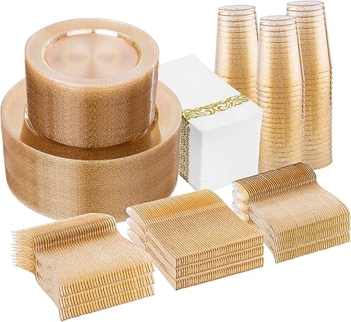 Vista 65 de I00000 - Juego de vajilla dorada de 700 piezas, 200 platos de plástico dorados, juego de 300 cubiertos desechables dorados, 100 vasos, 100 Oro,Claro