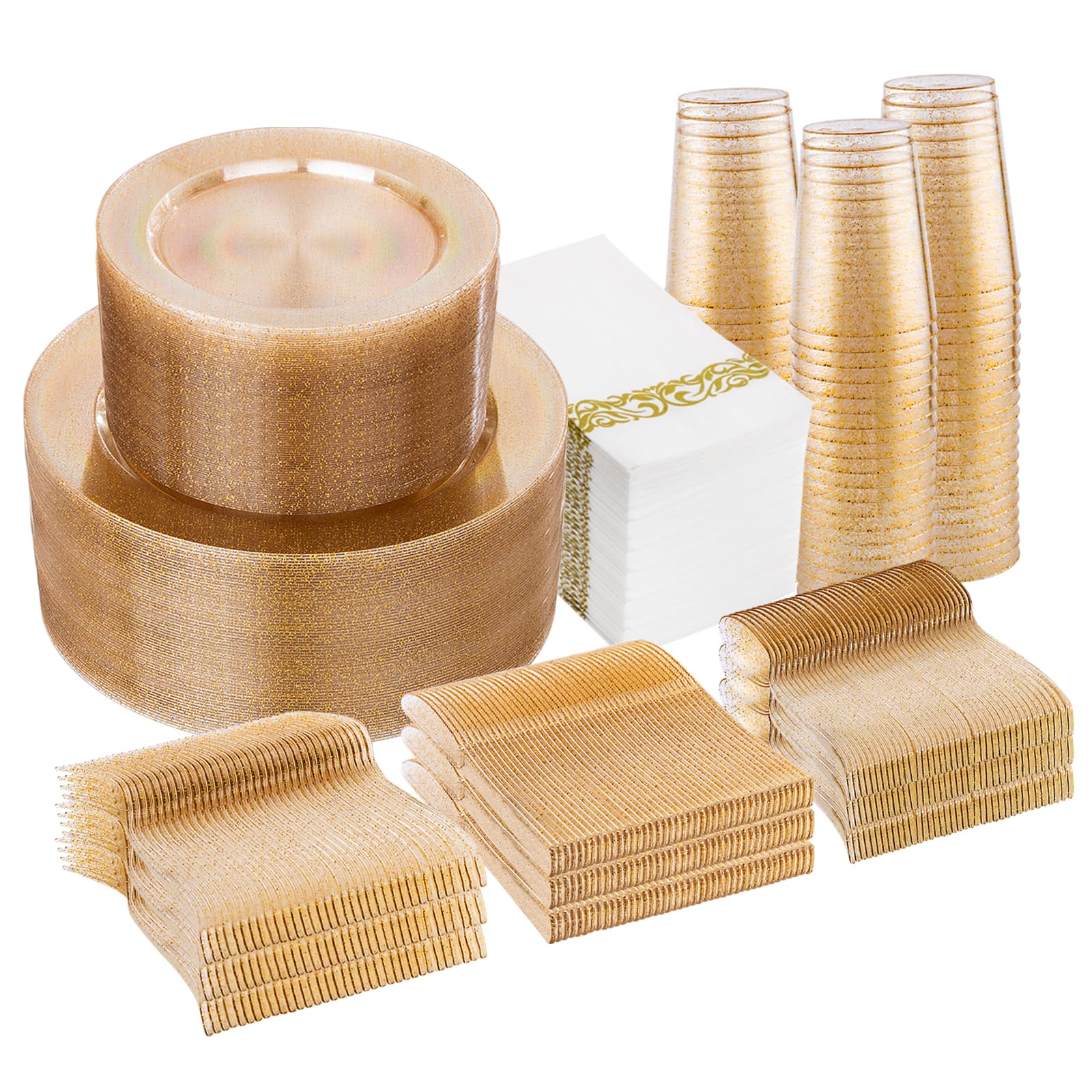 I00000 700 Pcs Gold Glitter Plastic Dinnerware Sets,Plastic Disposable Plates for Party, Include: 100 Dinner Plates,100Dessert Plates,100 Paper Napkins, 100 Cups,100 Plastic Silverware Set