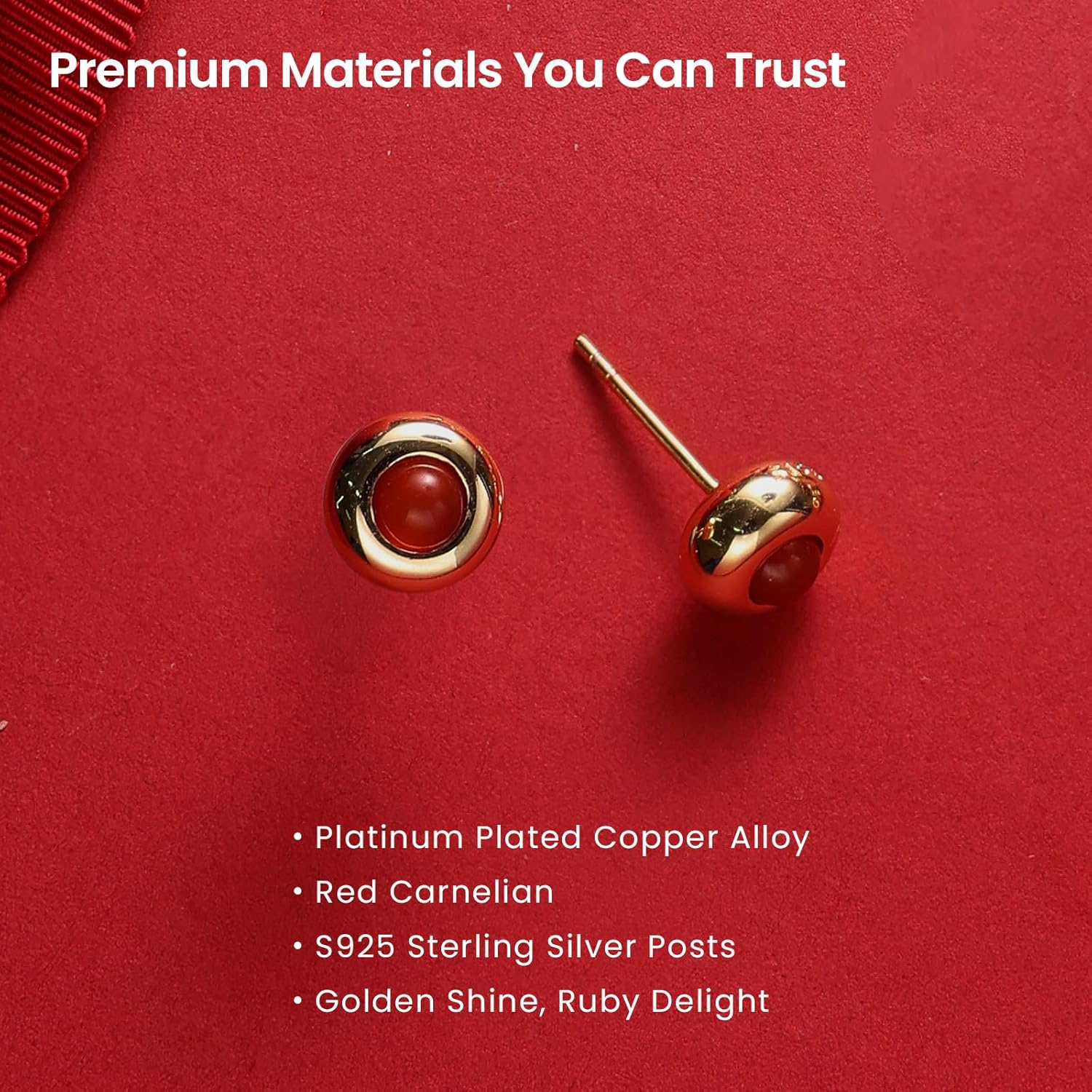 ARSIS Red Agate Stud Earrings for Women, 18K Gold Plated Copper