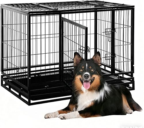 Perrera para perros grande resistente con bandeja de plástico y ruedas, jaula XXL de 48 pulgadas para perros al aire libre con puertas dobles, cajas
