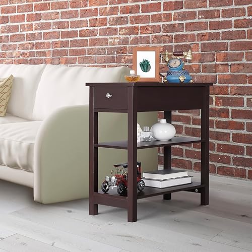 Miniatura 2 de SUPER DEAL Mesa auxiliar mesita de noche estrecha mesa auxiliar moderna con cajón y 2 estantes de almacenamiento abiertos para sala de estar